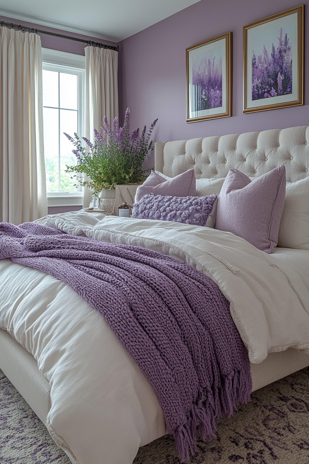 A stylish lavender-themed bedroom with soft lighting and cozy decor