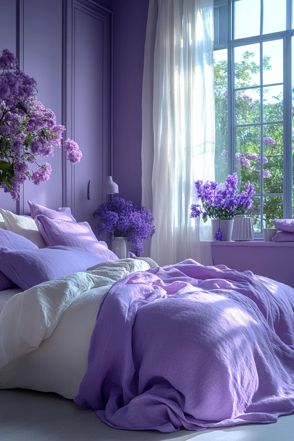 A tranquil bedroom featuring lavender walls, lilac bedding, and a cozy reading nook by the window