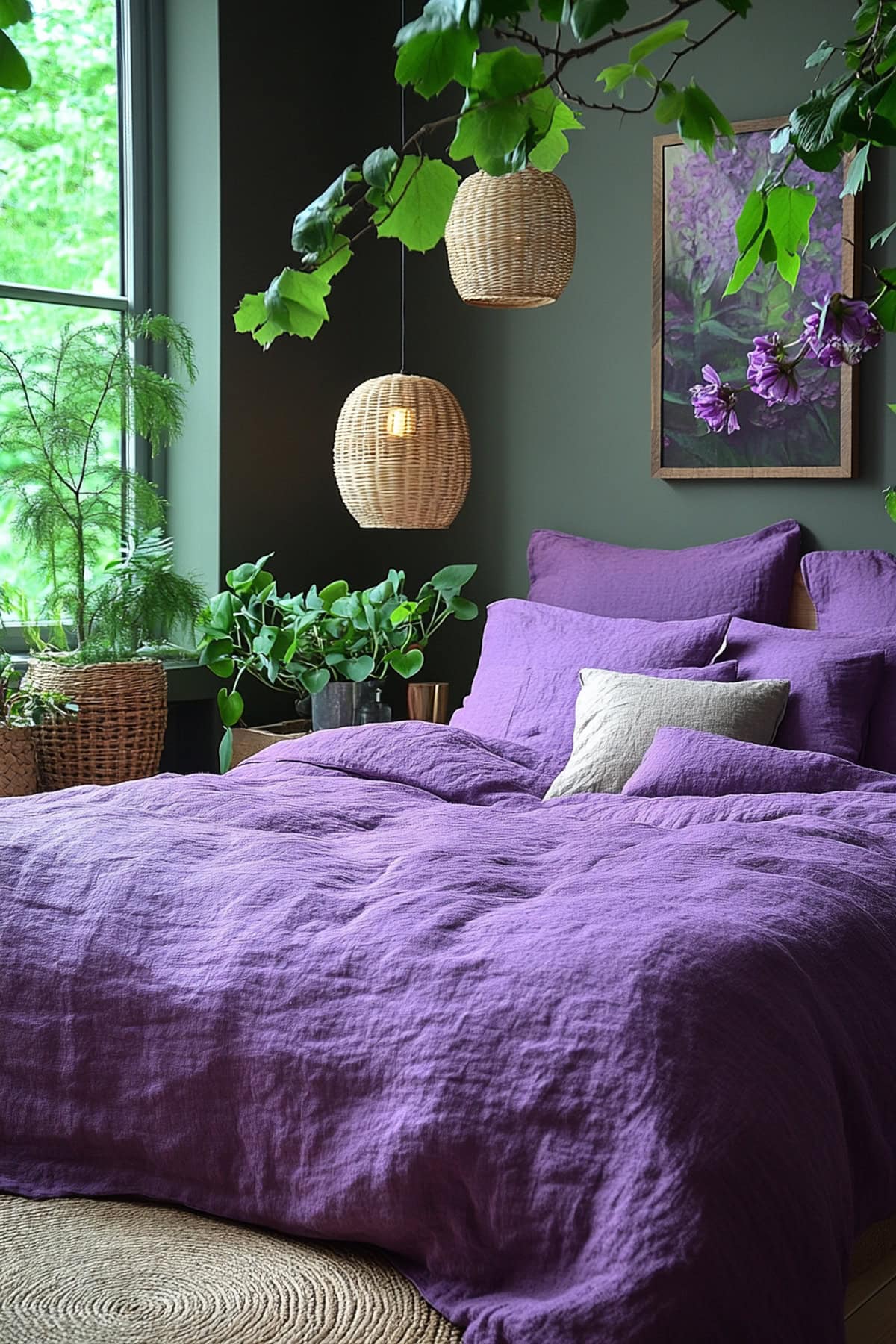 A serene bedroom with lavender bedding and natural decor elements