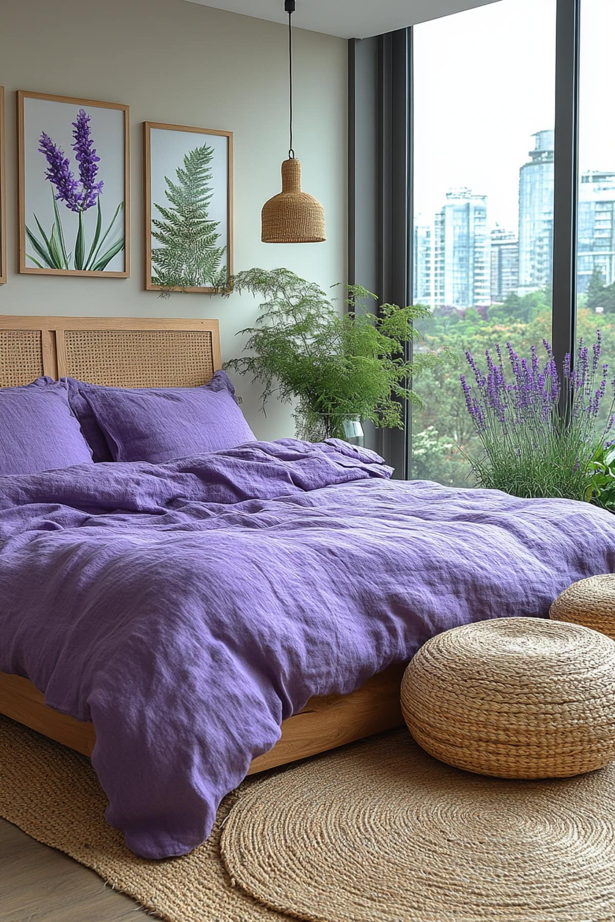 An apartment bedroom featuring lavender bedding, wooden furniture, and botanical accents