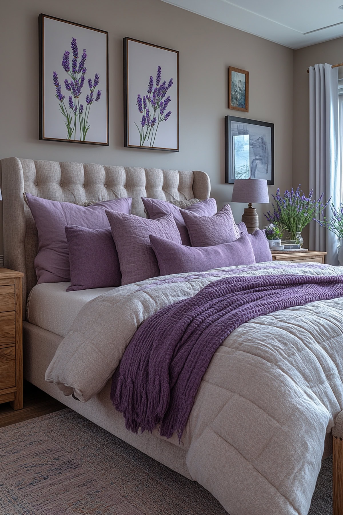 A modern bedroom with a lavender headboard and stylish decor