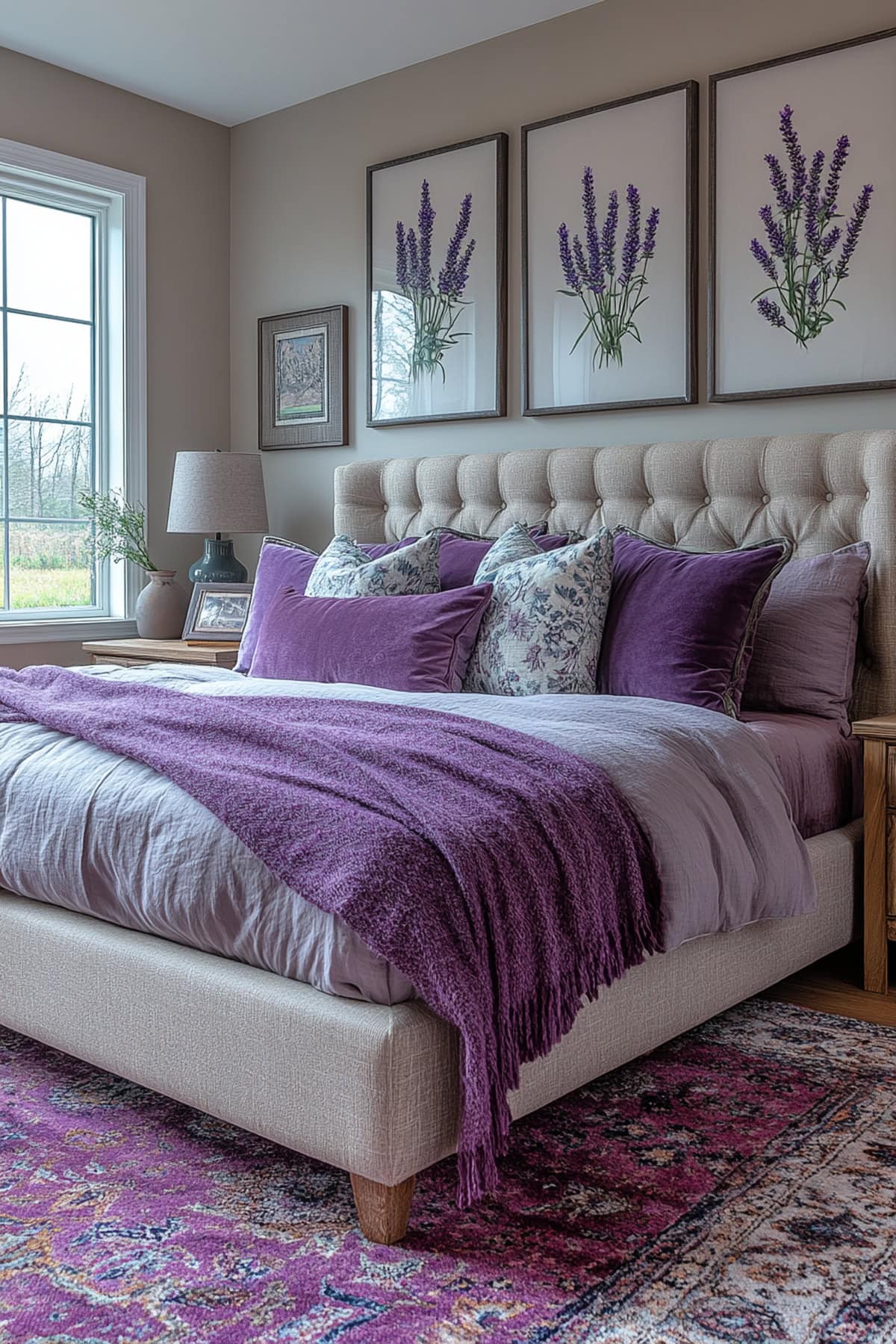 An apartment bedroom featuring a statement lavender headboard and bedding in shades of purple