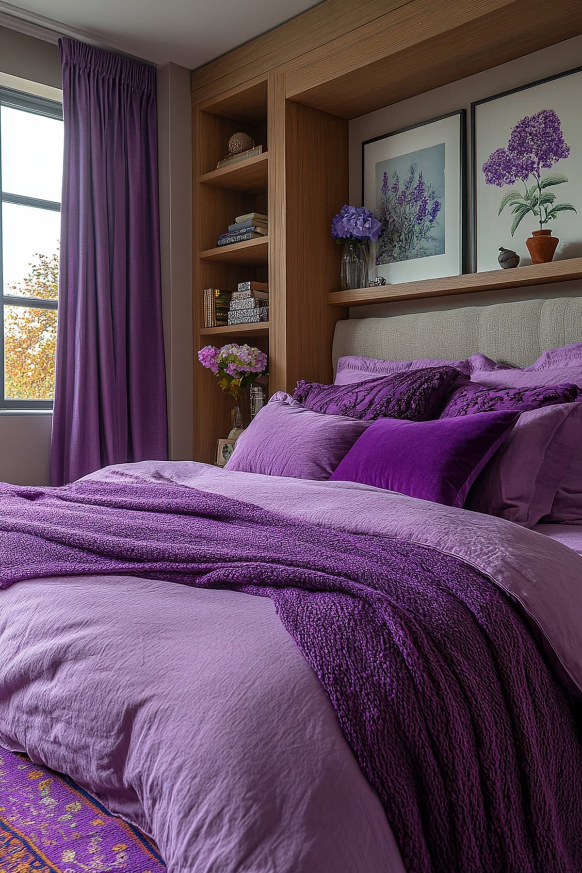 A luxurious bedroom with layered lavender decor and textures