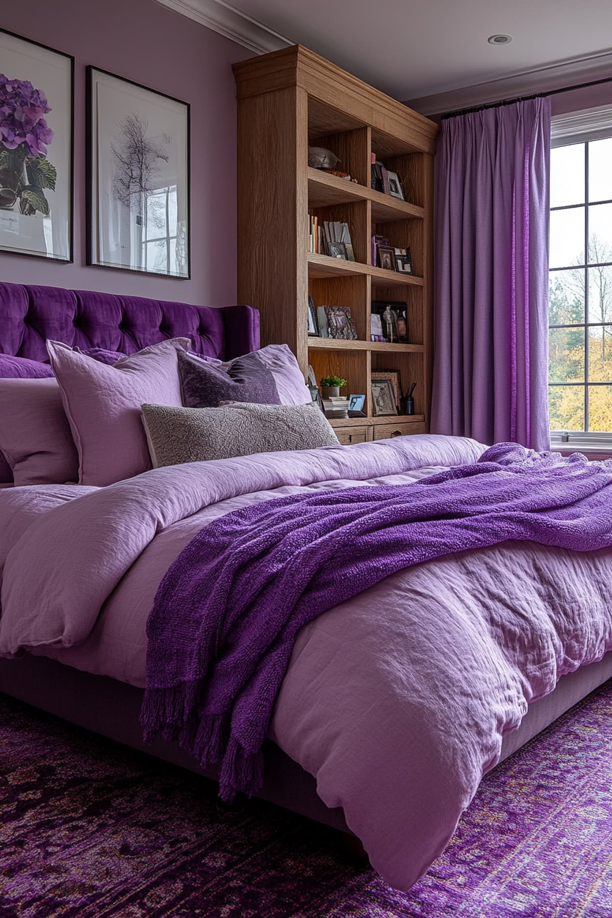 An apartment bedroom featuring layered lavender bedding and deep lavender blackout curtains