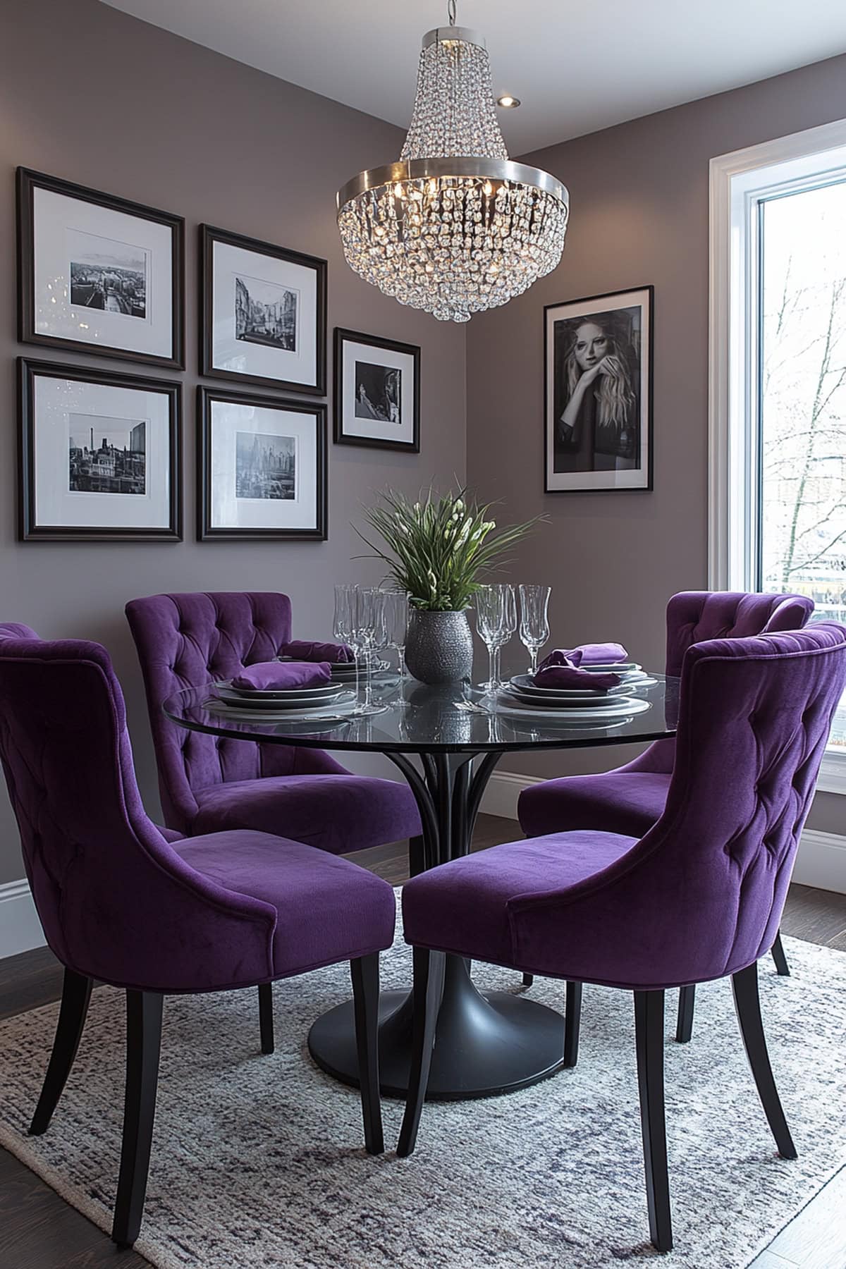 An elegant dining room with lavender chairs and chic decor