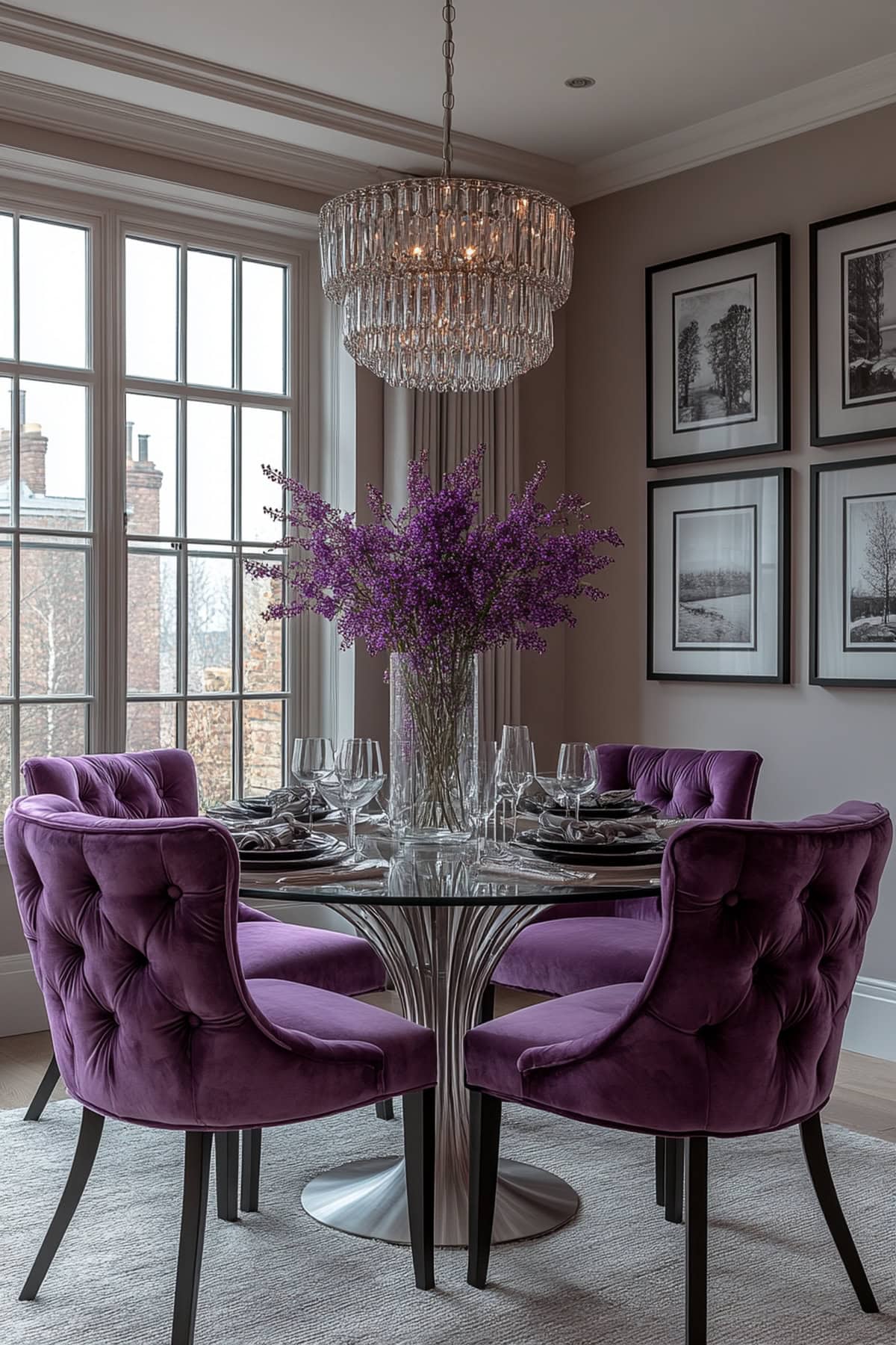 An apartment dining room featuring a glass table, lavender-upholstered chairs, and a statement chandelier