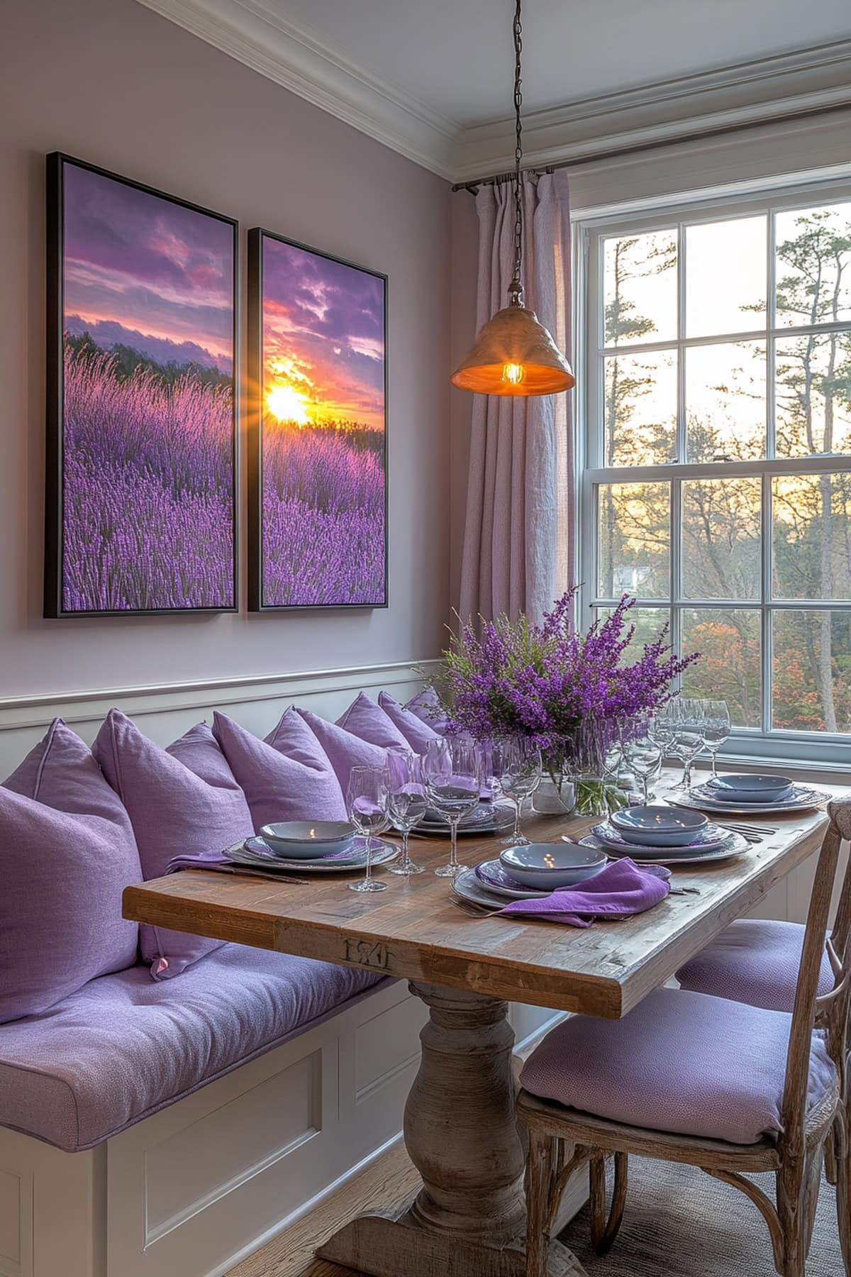 A stylish dining room with lavender decor and accents in an apartment