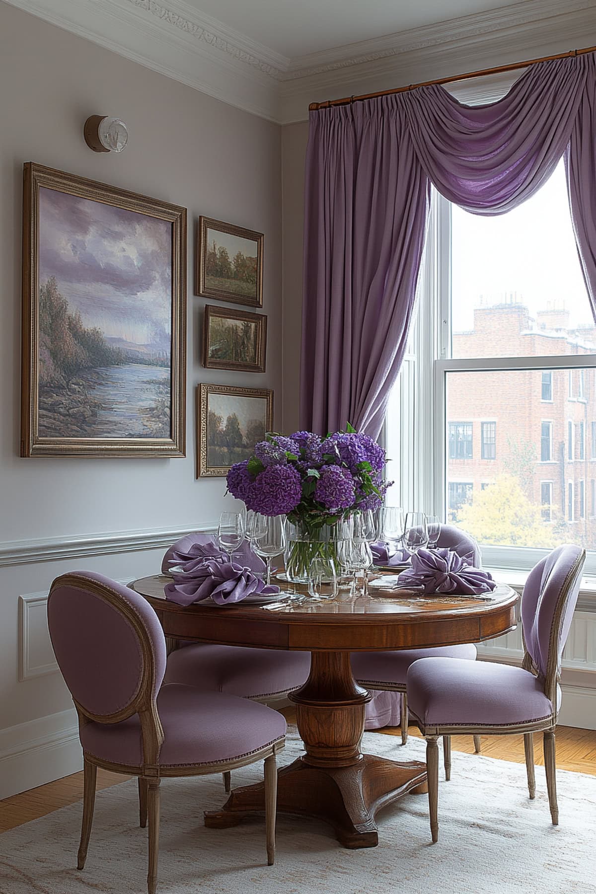 An apartment dining room featuring chairs with lavender cushions and a table set with lavender napkins