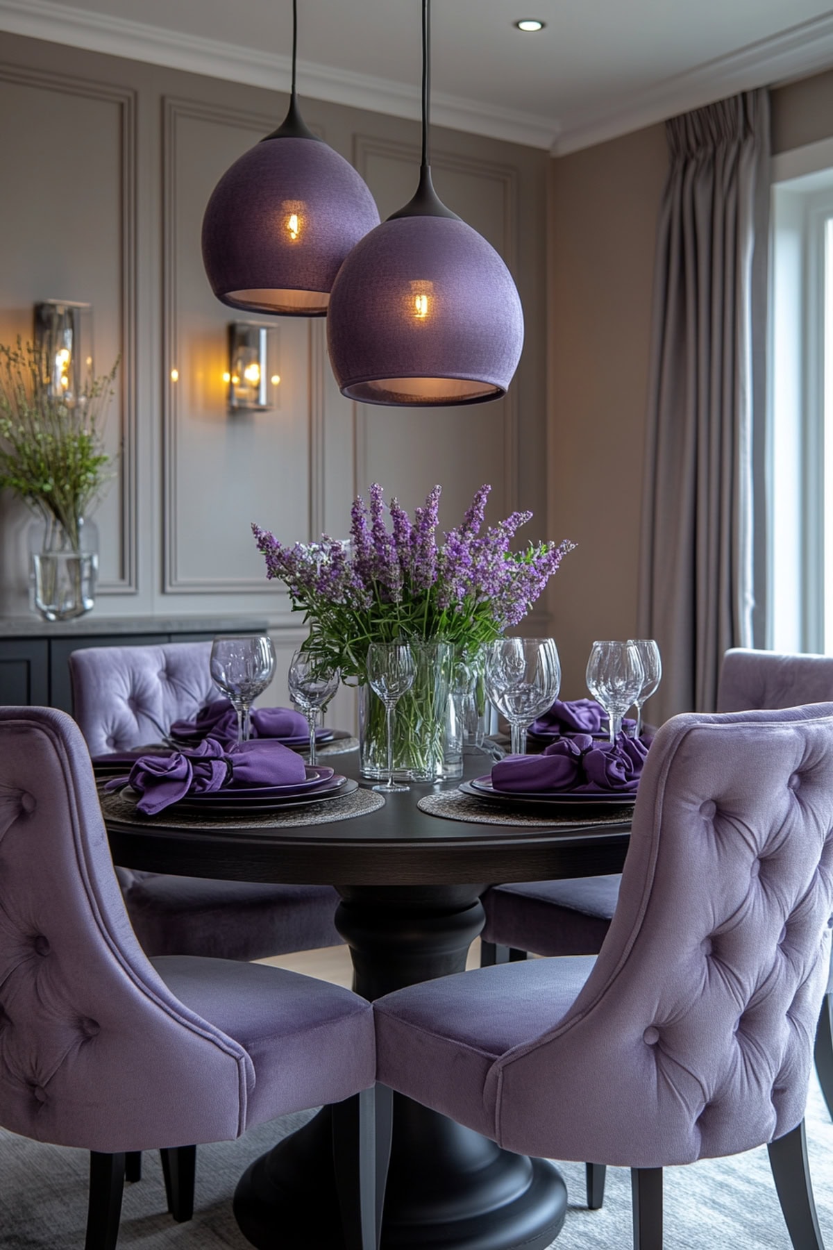 An apartment dining room featuring lavender-upholstered chairs and a table set with lavender linens