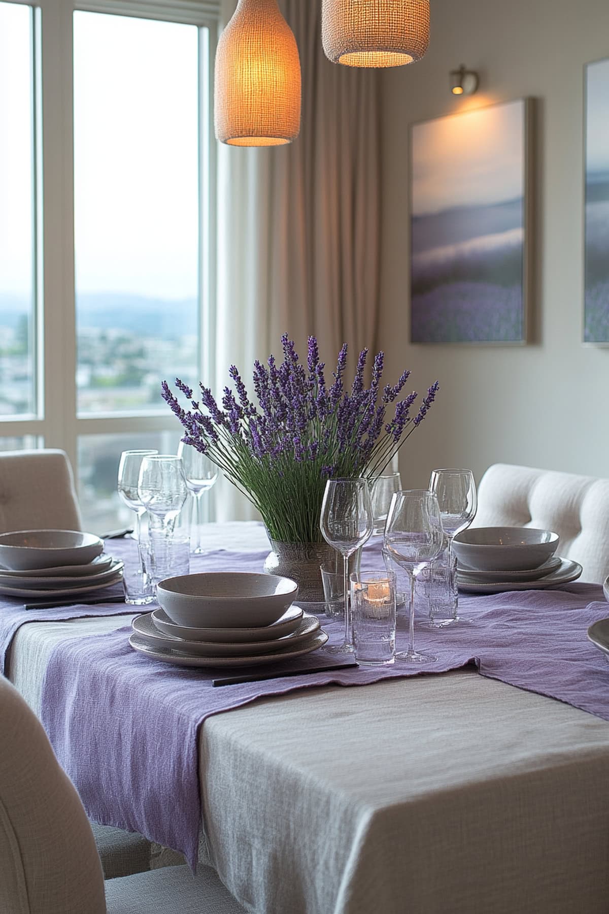 A sophisticated dining room with lavender decor in an apartment setting