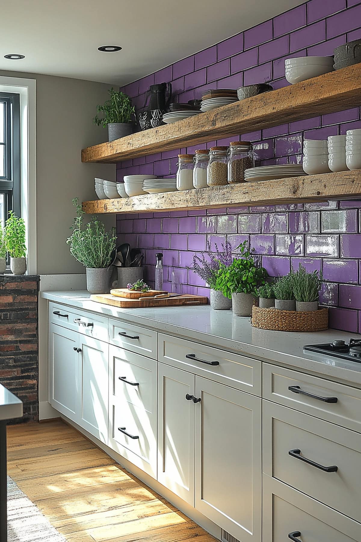 A stylish apartment kitchen featuring lavender walls and decor