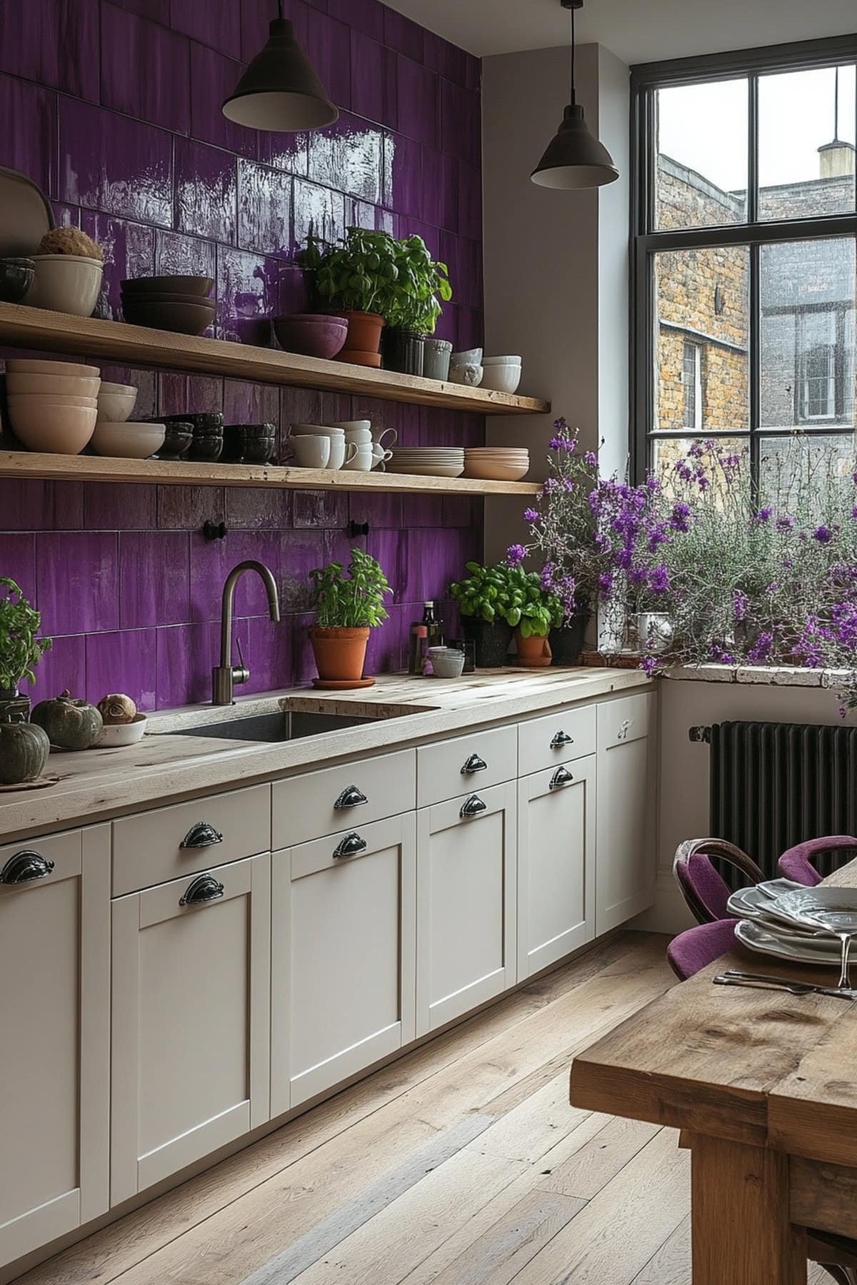 An apartment kitchen with white cabinets and a lavender backsplash, accented by open shelves and a lavender dining nook