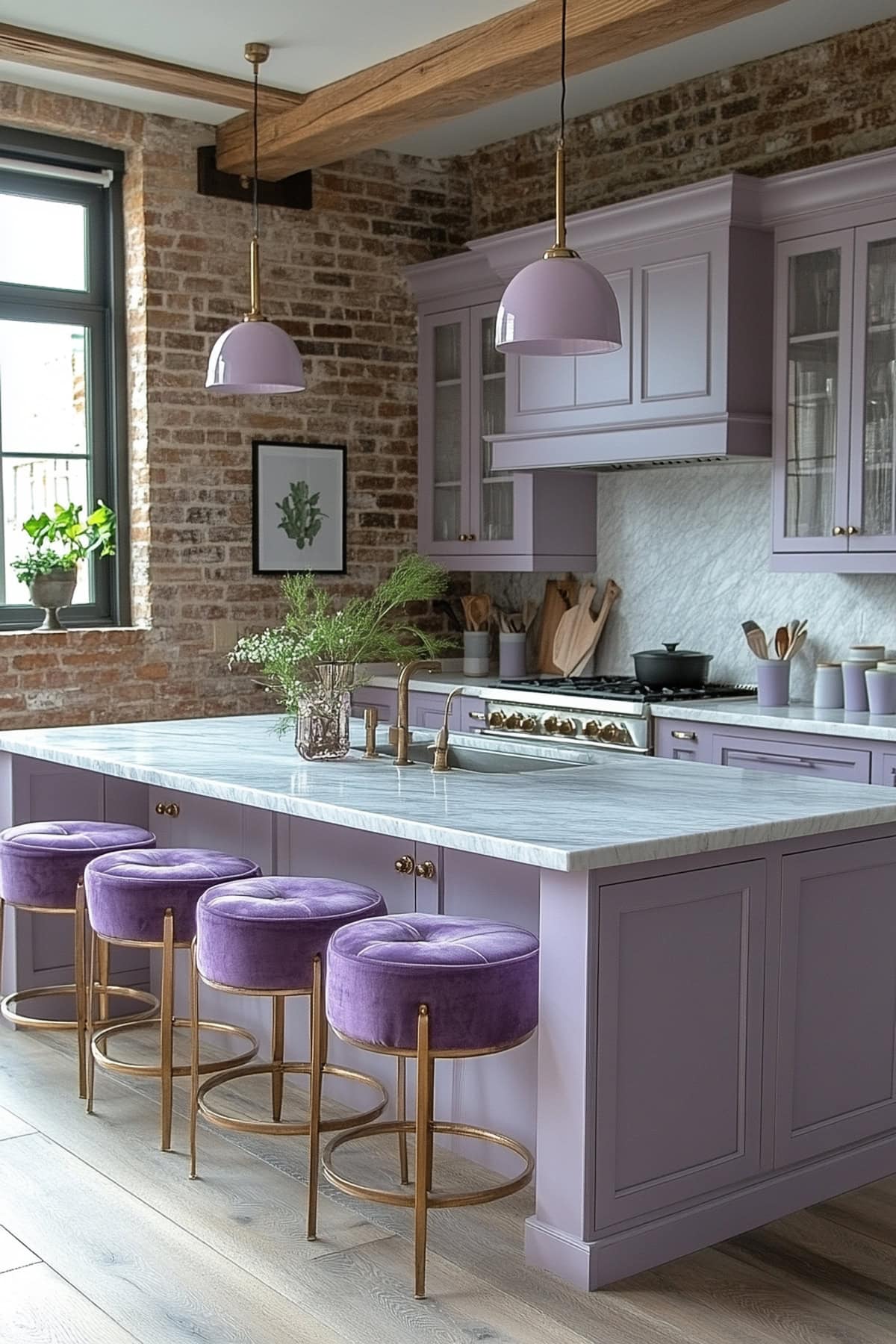 An apartment kitchen featuring a breakfast nook with lavender-upholstered chairs and lavender bar stools