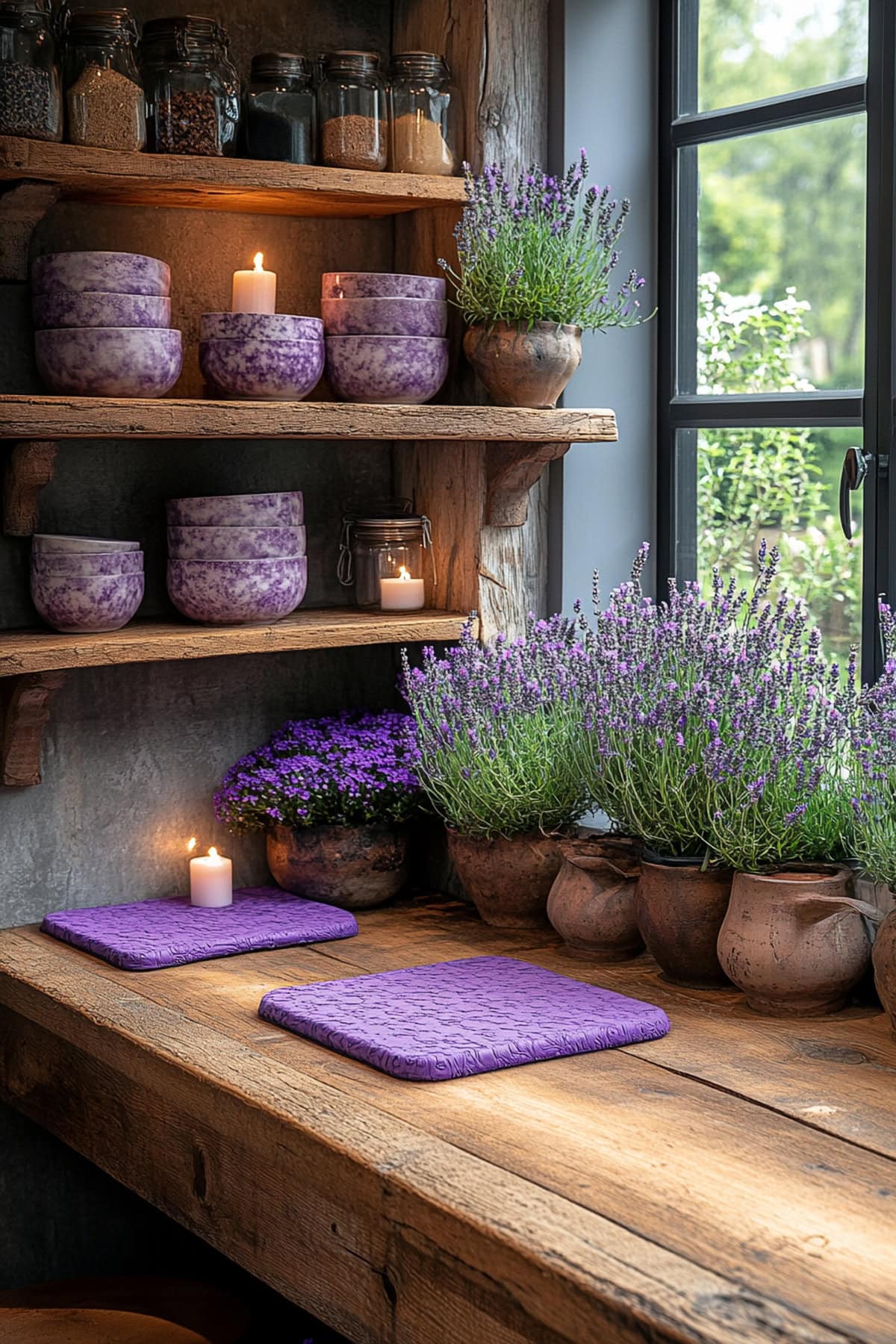 A cozy kitchen with lavender curtains and decor in an apartment