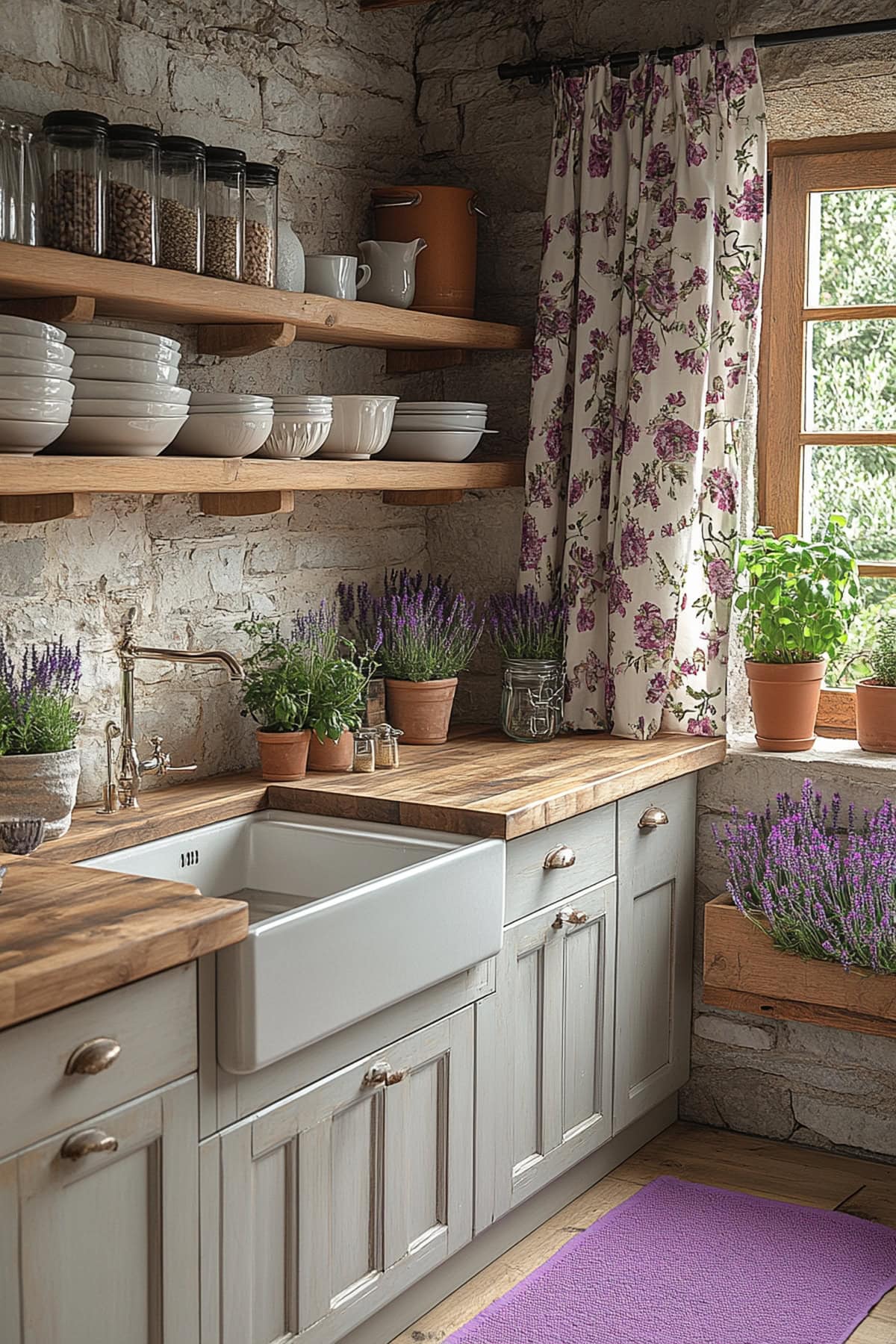 An apartment kitchen featuring lavender-patterned curtains and lavender-themed dishware on open shelves