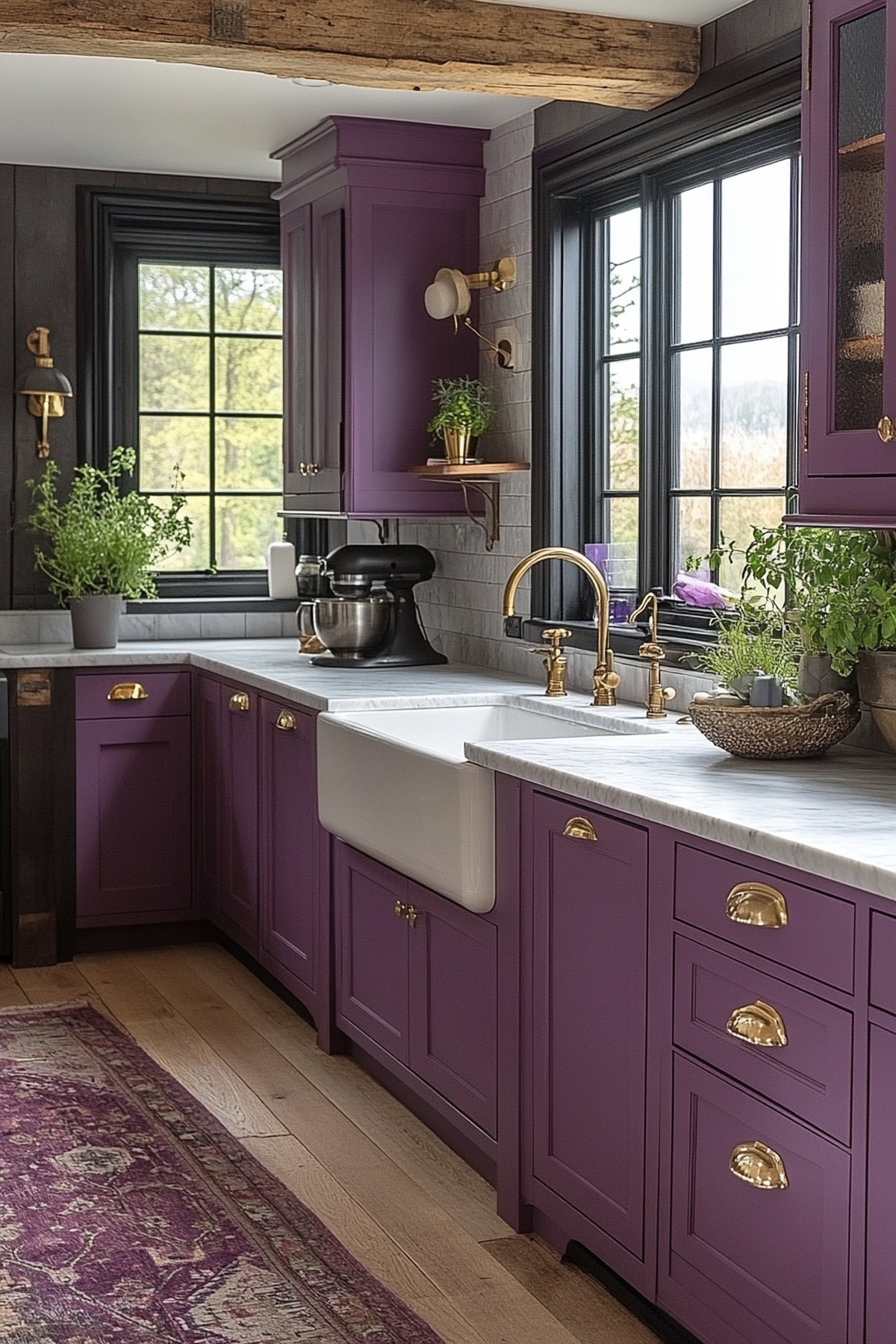 A modern apartment kitchen with lavender accents and open shelving