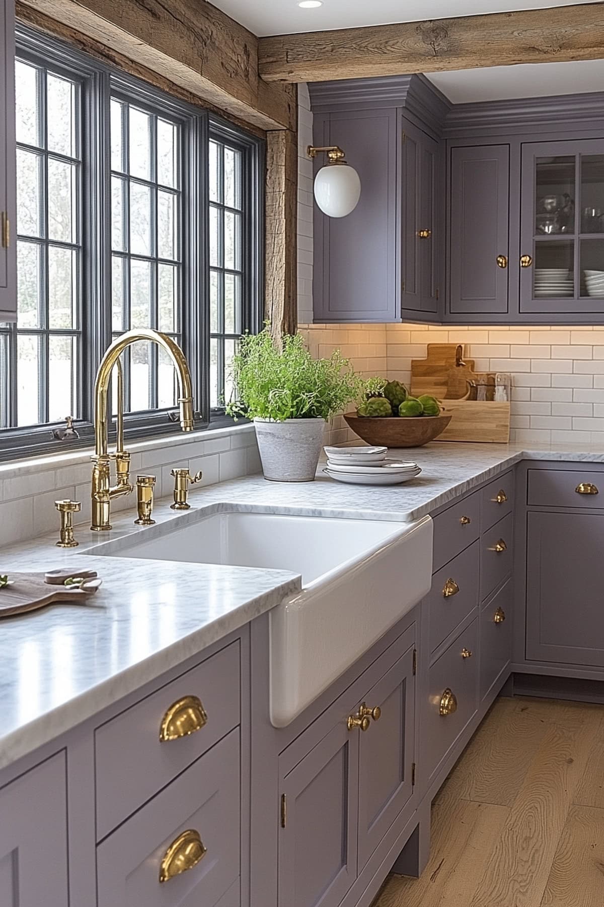 An apartment kitchen featuring lavender small appliances and lavender-painted open shelves