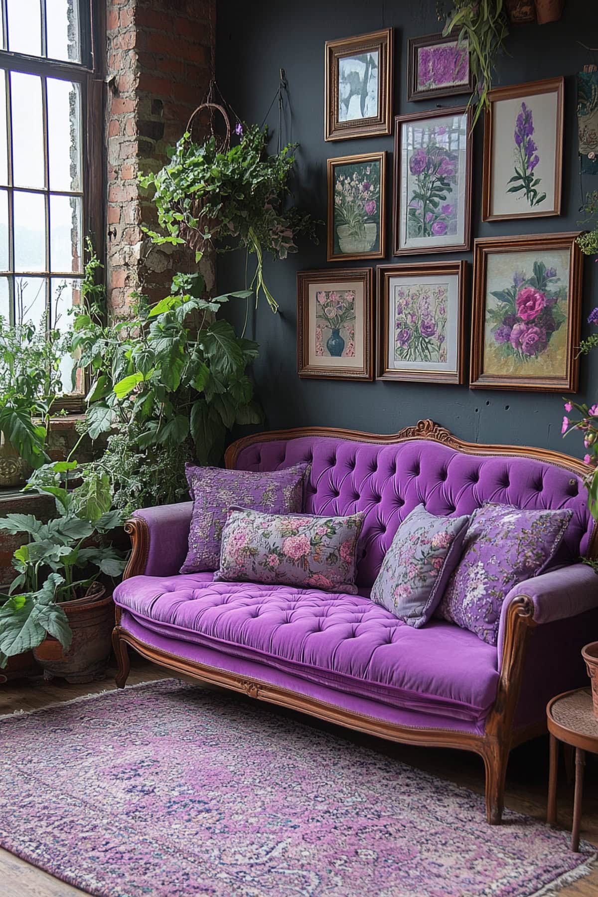 A vibrant living room with eclectic lavender decor and vintage pieces