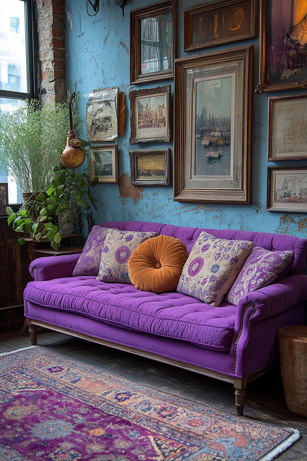 An apartment living room featuring mixed lavender patterns and a gallery wall with lavender frames