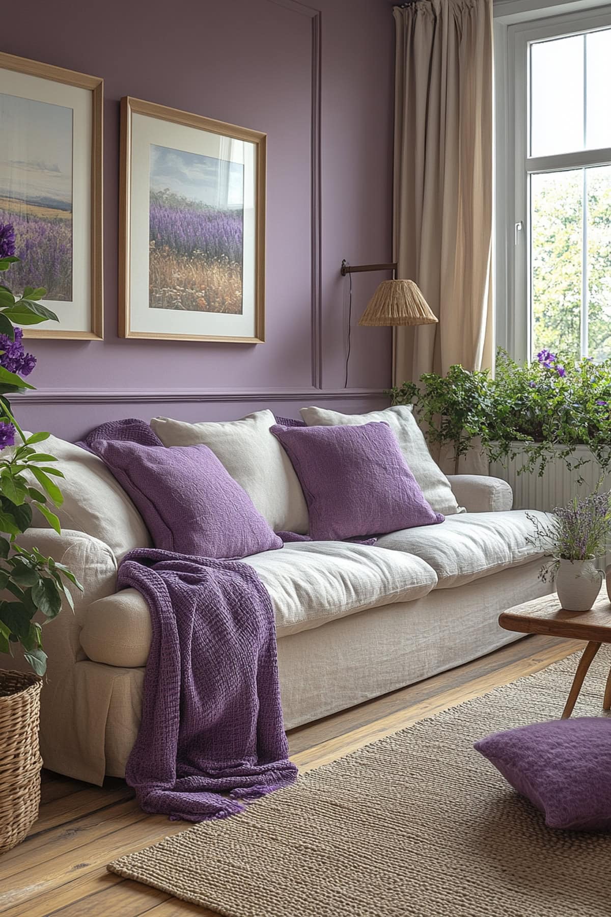 A welcoming living room with lavender walls and stylish decor in an apartment