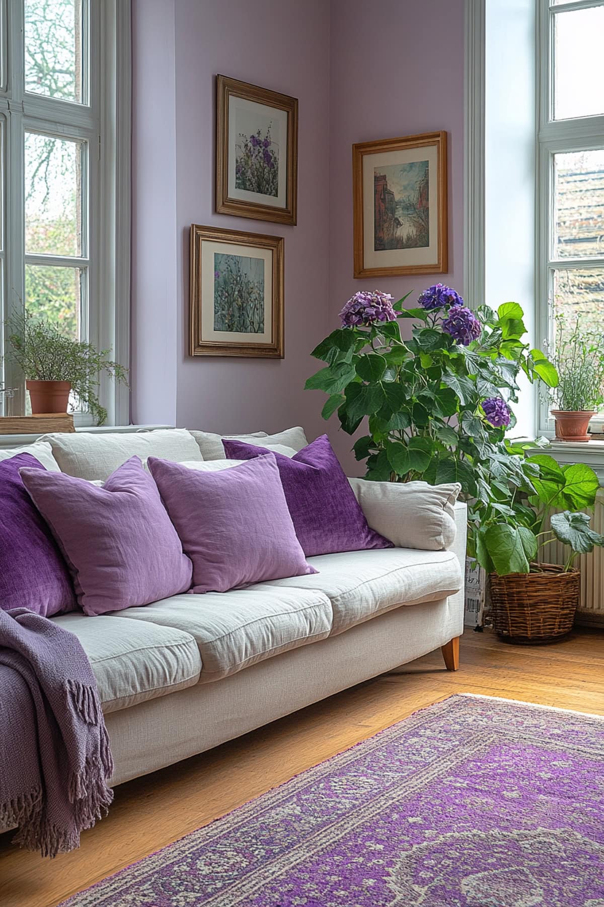 An apartment living room featuring a neutral sofa with lavender pillows and light lavender walls