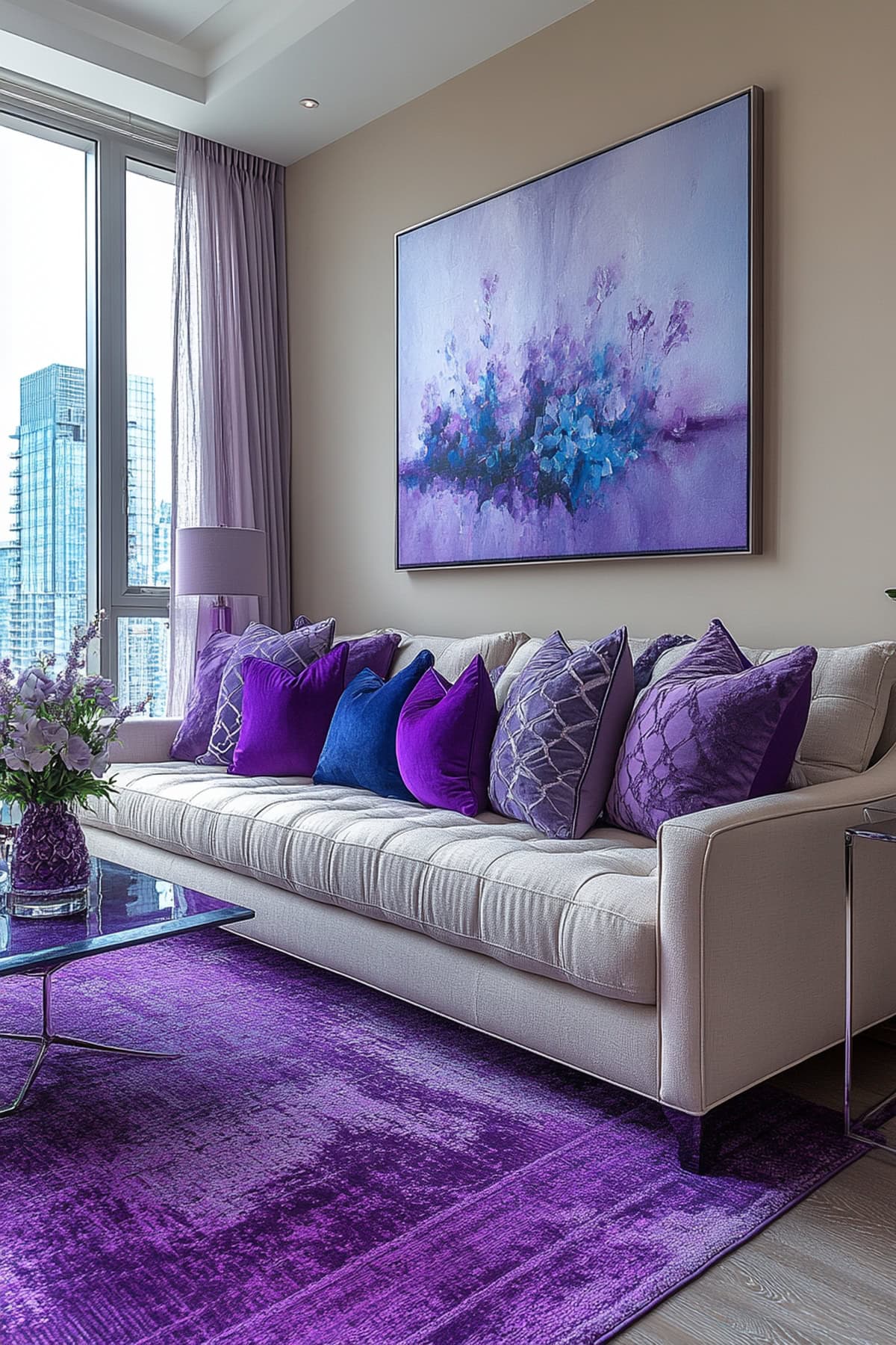 A modern living room with lavender decor and sleek furnishings