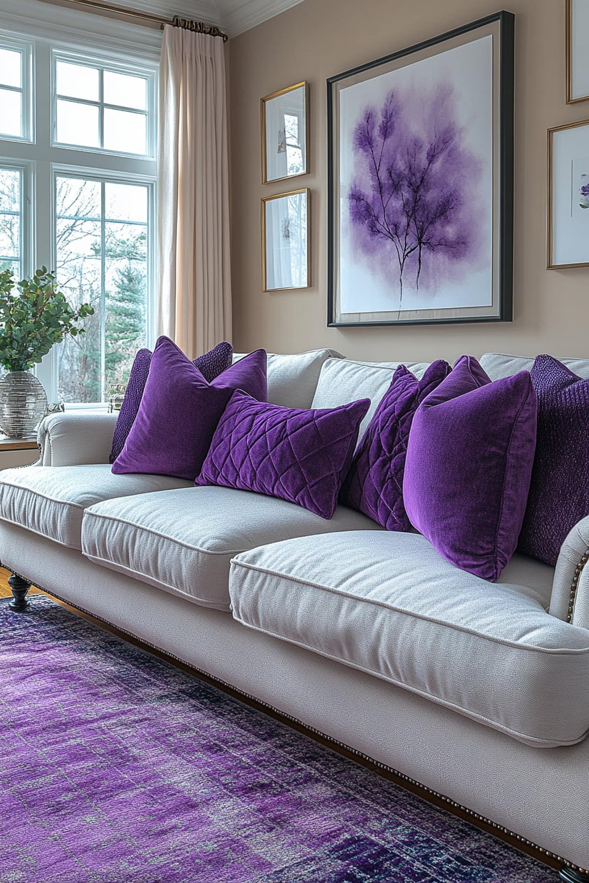 An apartment living room featuring lavender geometric-patterned pillows and metallic accents