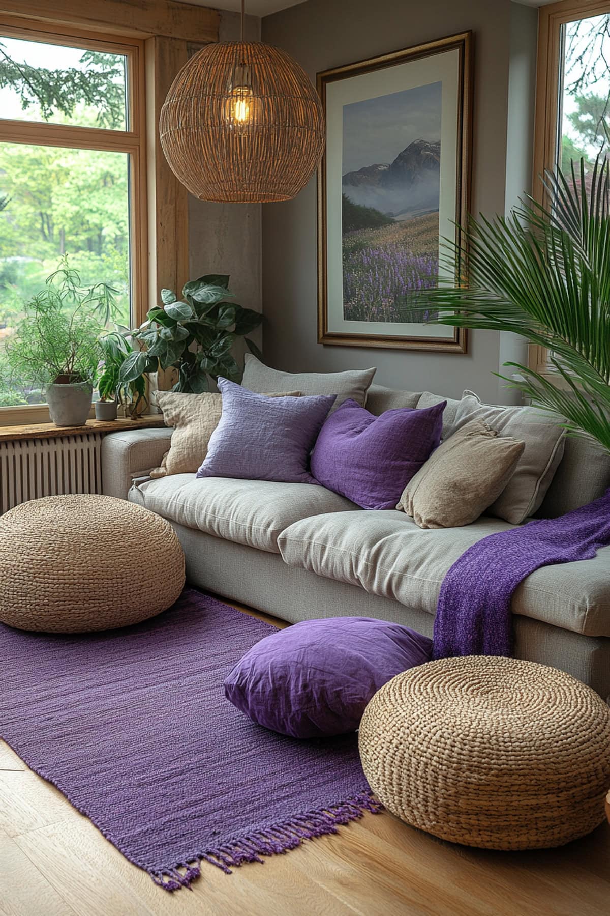 A cozy living room with lavender accents and warm decor in an apartment