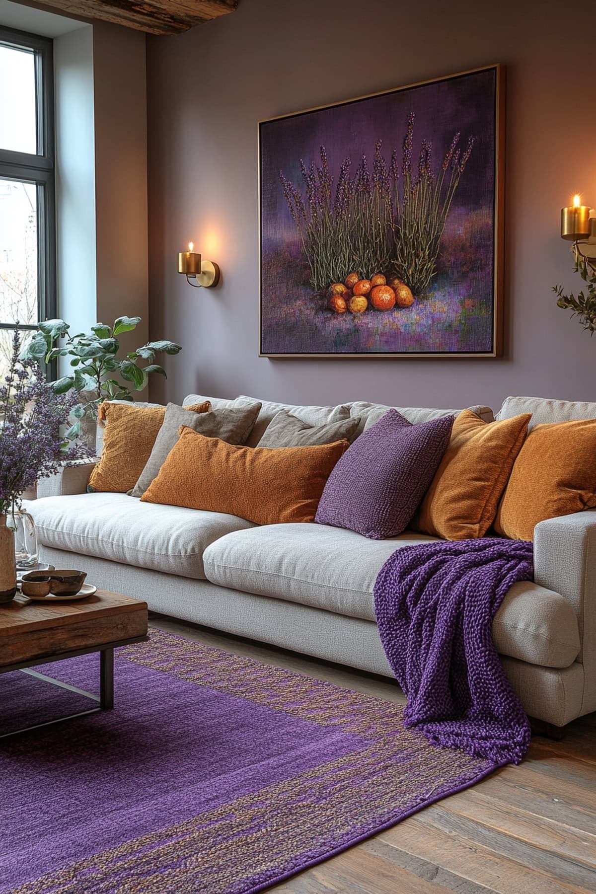 An apartment living room featuring a lavender accent wall, beige furniture, and a lavender area rug