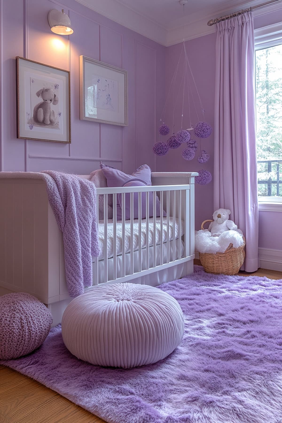 A tranquil nursery decorated with lavender colors and white furniture