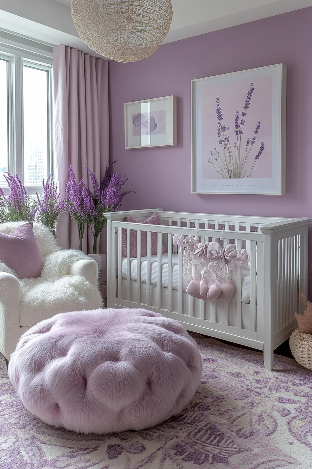 An apartment nursery featuring soft lavender walls, a white crib, and lavender-themed decor