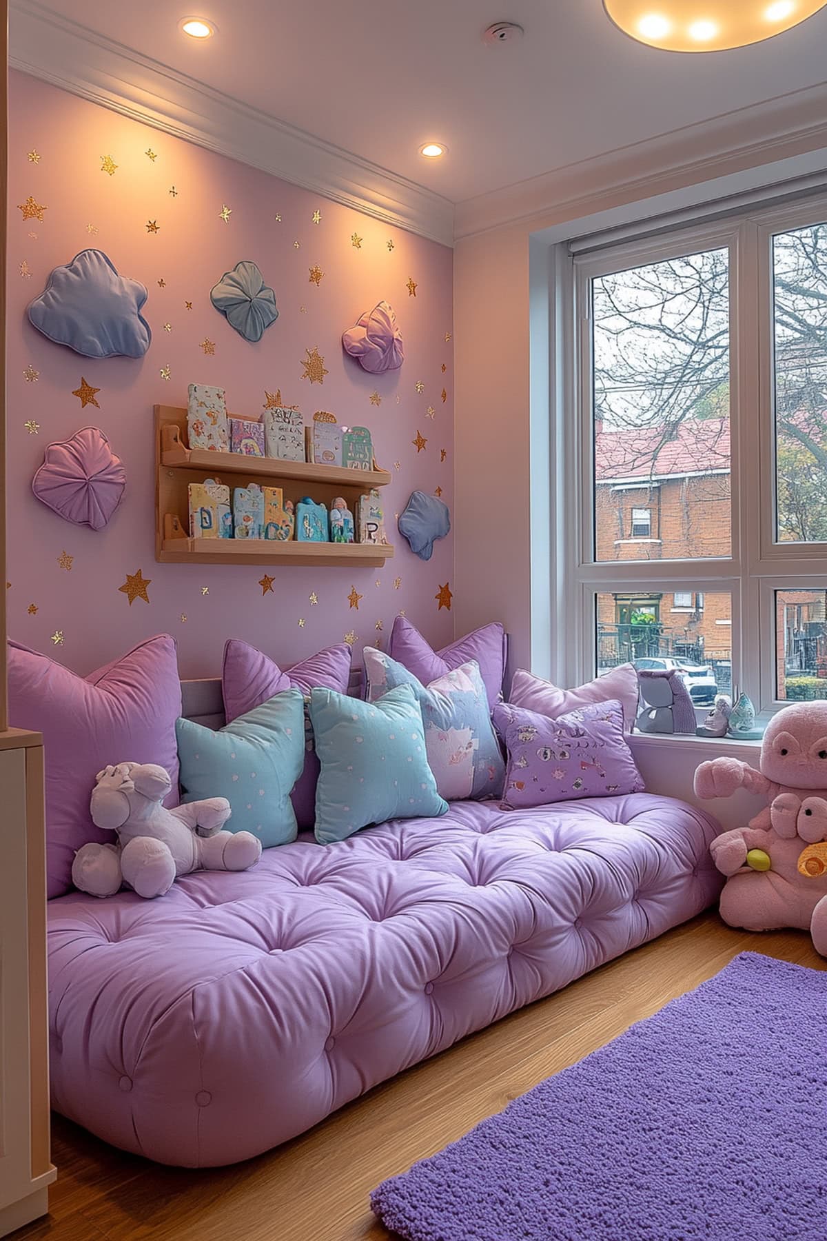 A colorful nursery with lavender and pastel decor