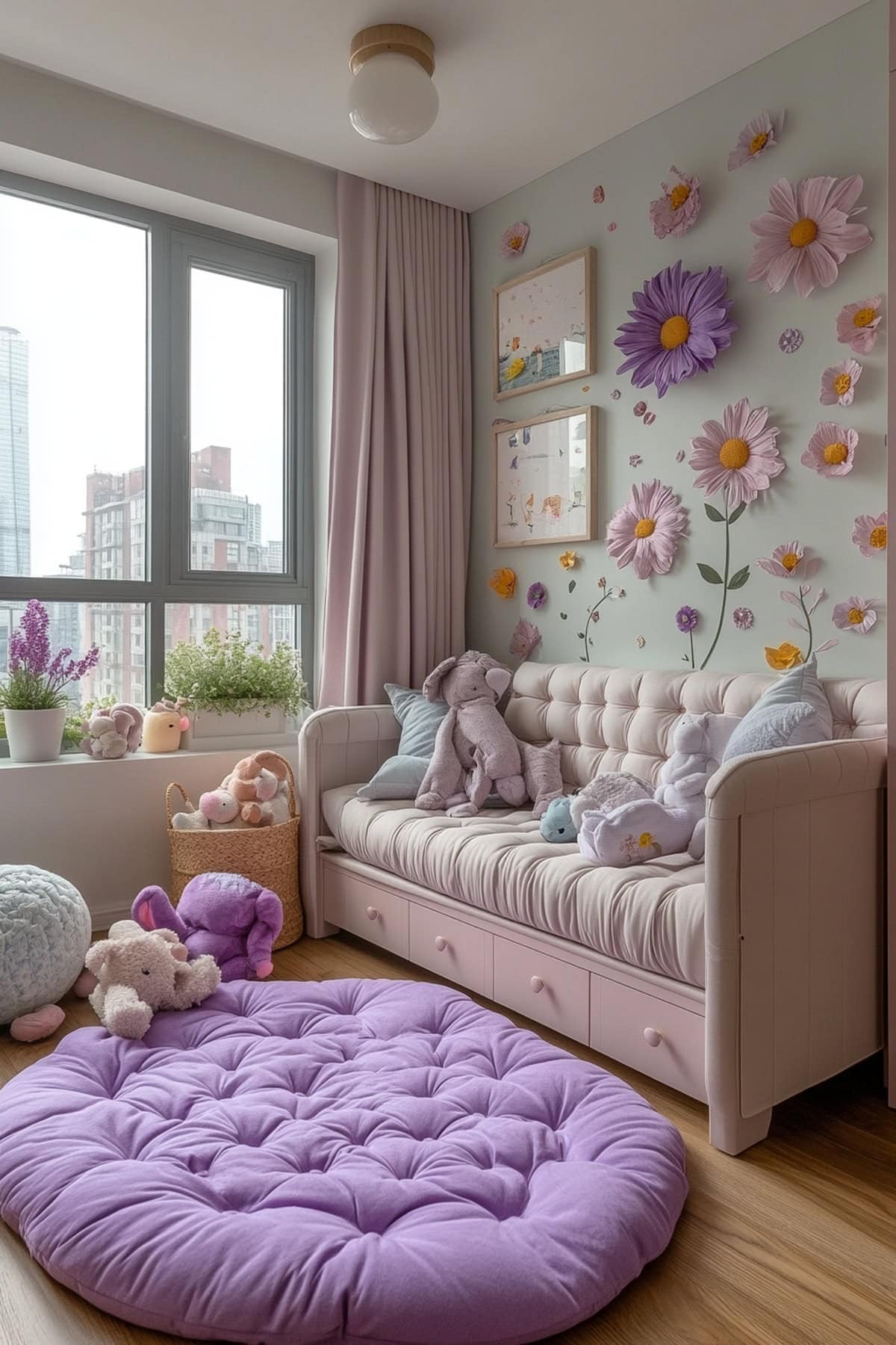 An apartment nursery featuring lavender and mint colors with playful wall decals