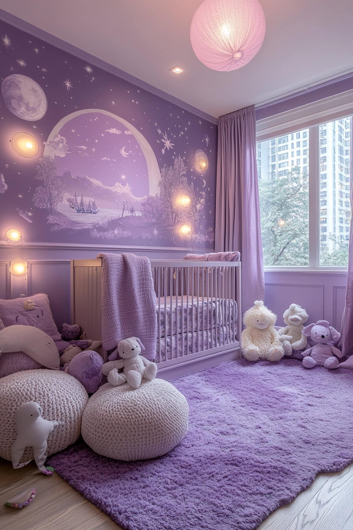 A charming nursery with lavender decor and whimsical touches