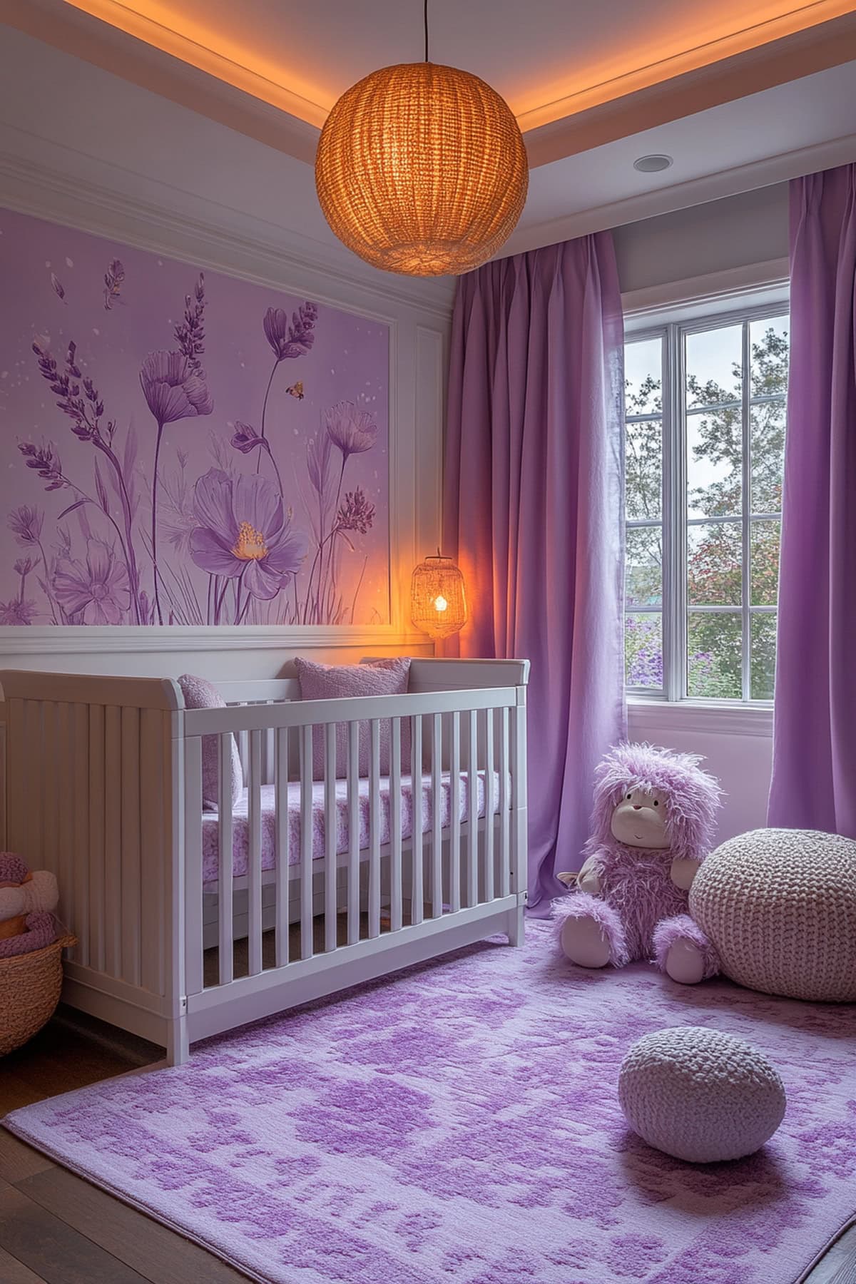 An apartment nursery featuring a lavender mural wall and soft lavender-patterned bedding