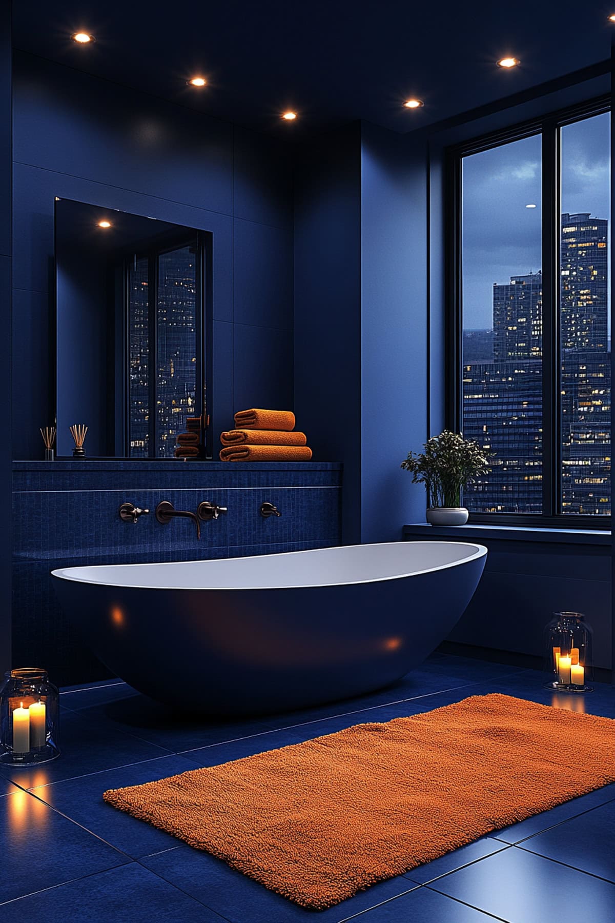 Luxe Dark Blue Bathroom with Hints of Orange 03