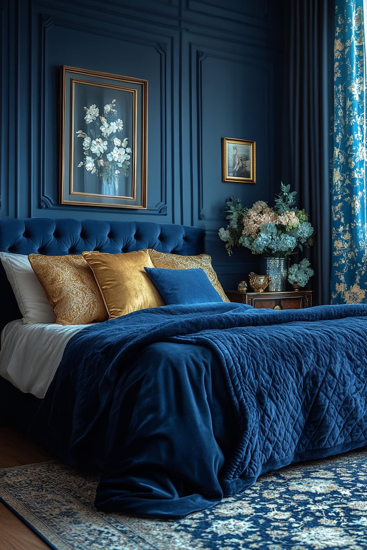 Luxe Dark Blue Bedroom with Gold Accents 01