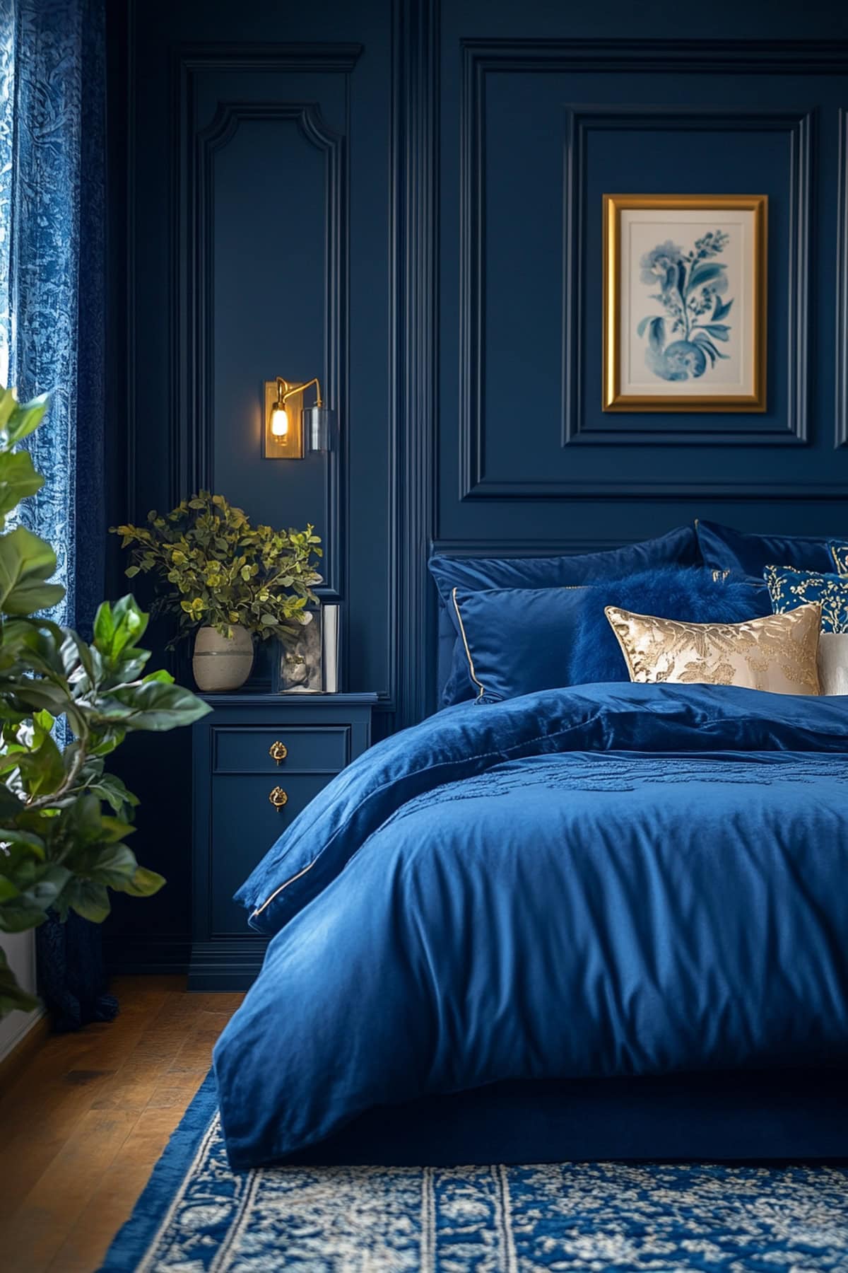 Luxe Dark Blue Bedroom with Gold Accents 02