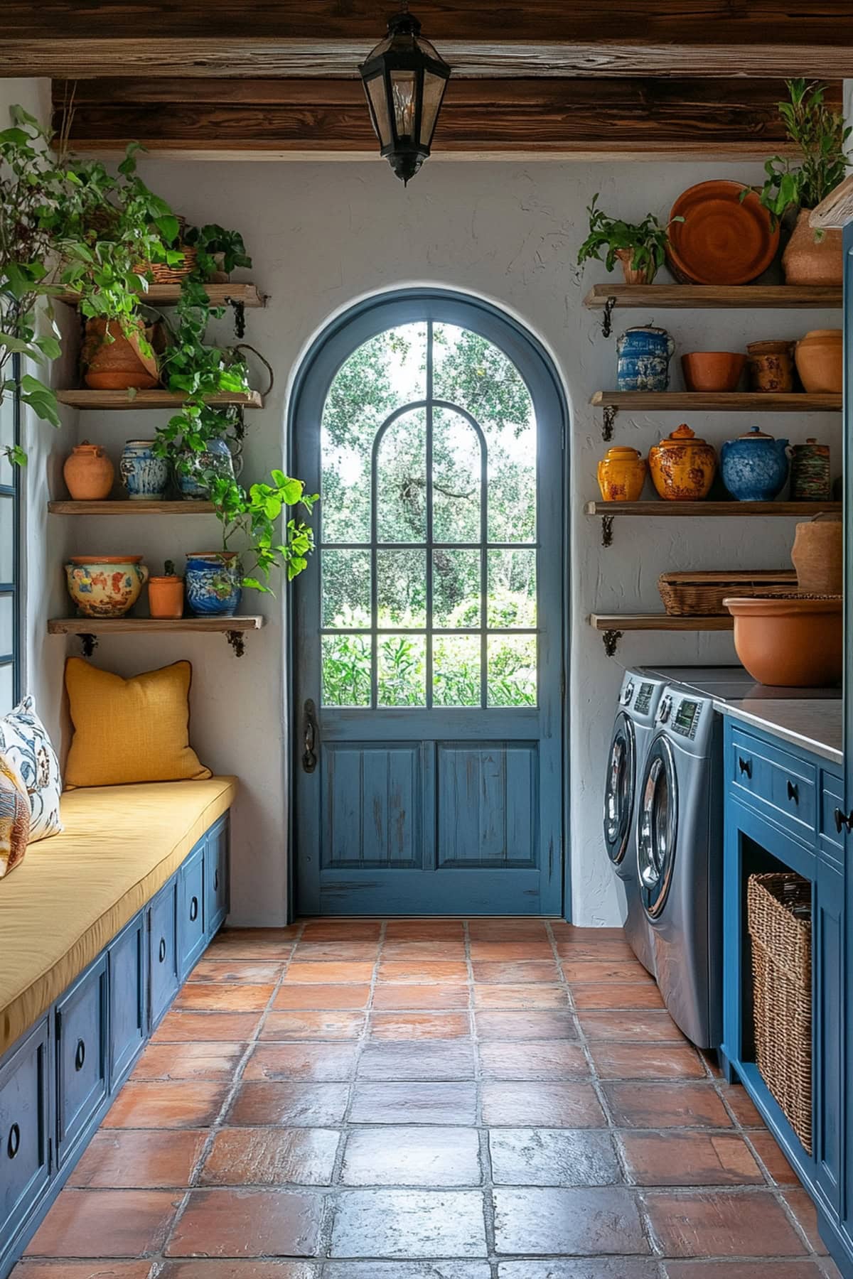 Mediterranean mudroom with terracotta floors and colorful accents.