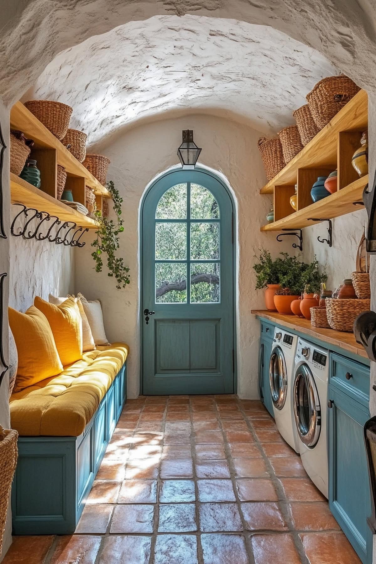 Warm mudroom laundry room featuring arched doorways and vibrant decor.