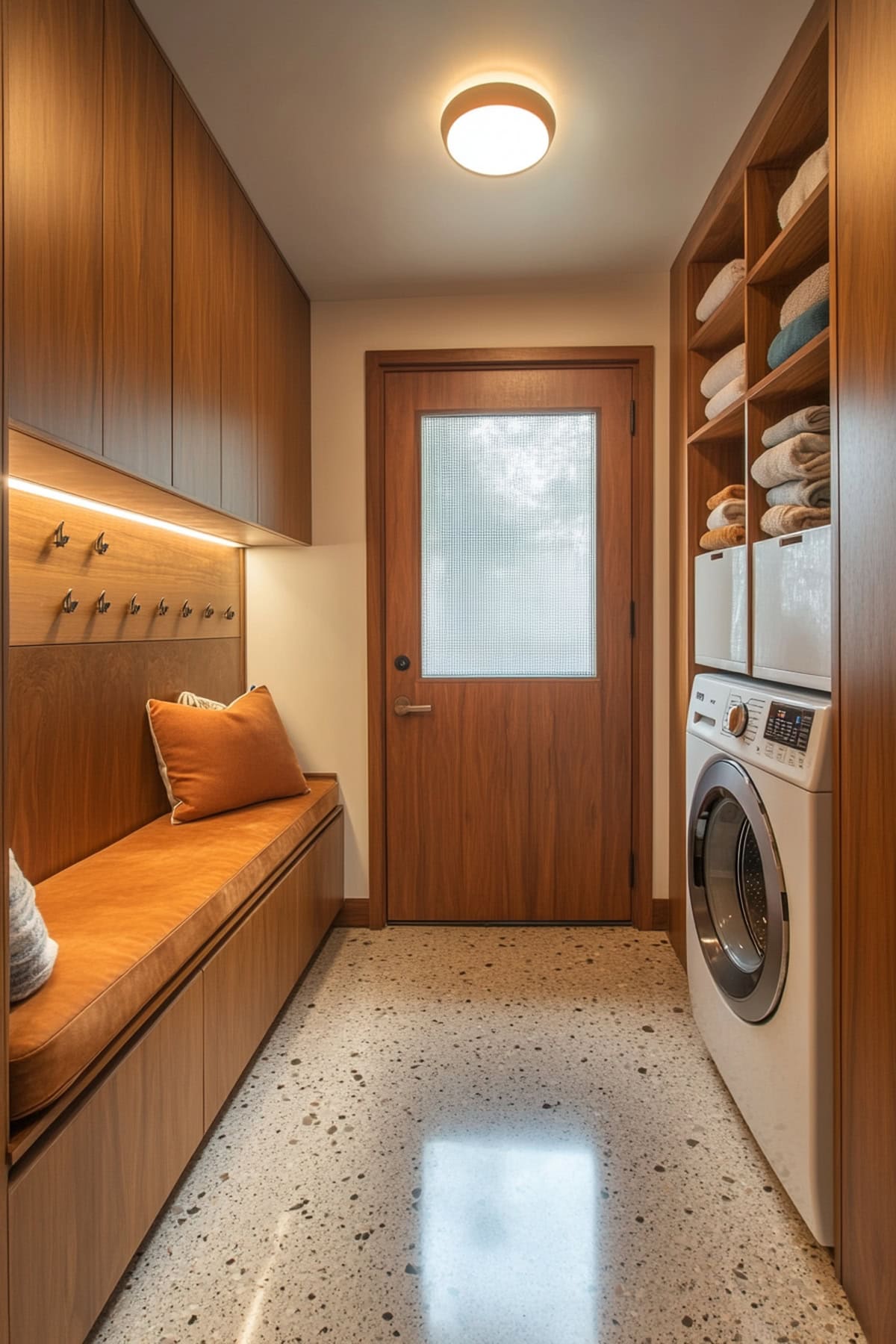 Mid-century modern mudroom with warm wood and bold accents.