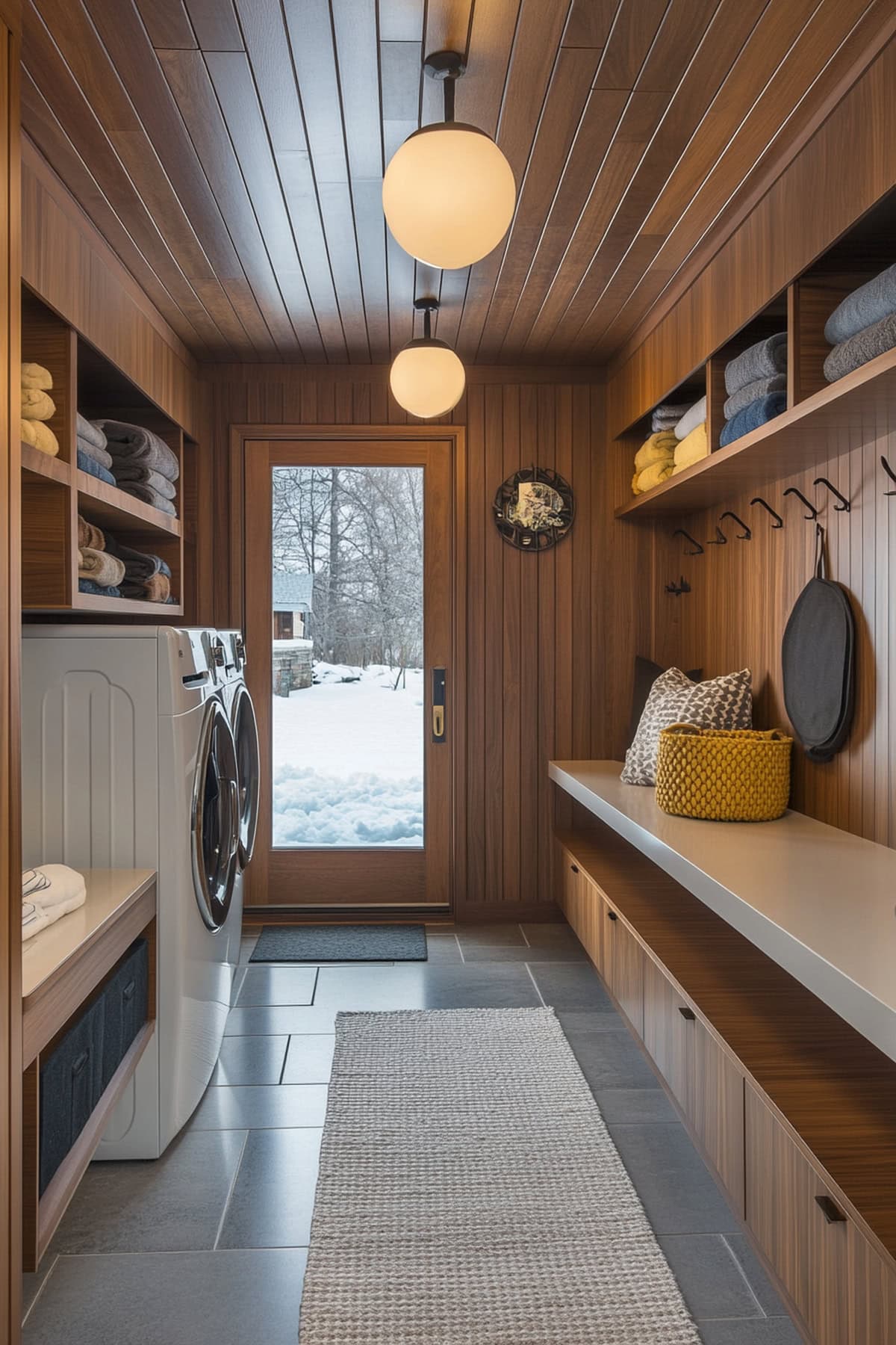 Stylish mudroom laundry room featuring classic design elements and retro fixtures.