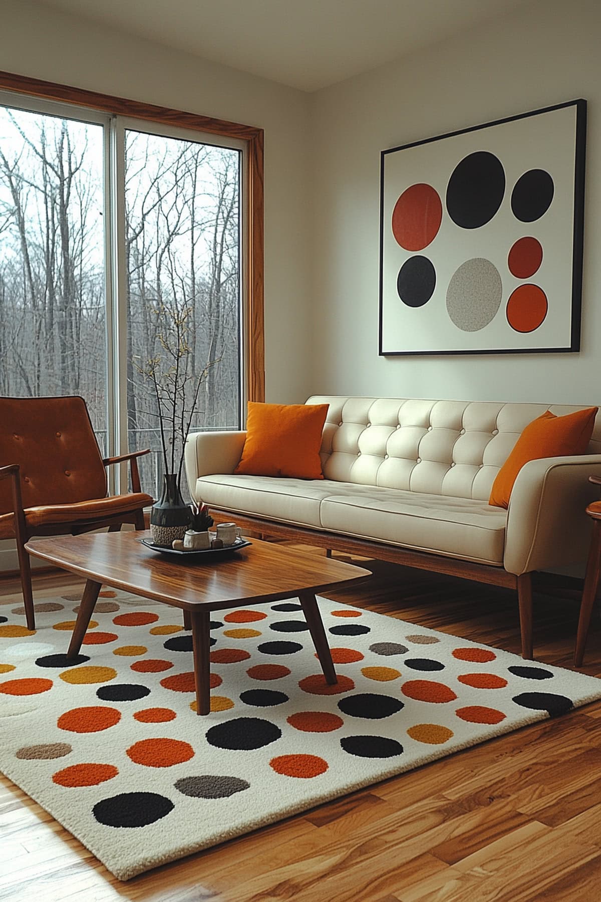 Mid-Century Modern Ivory Apartment Living Room - 01