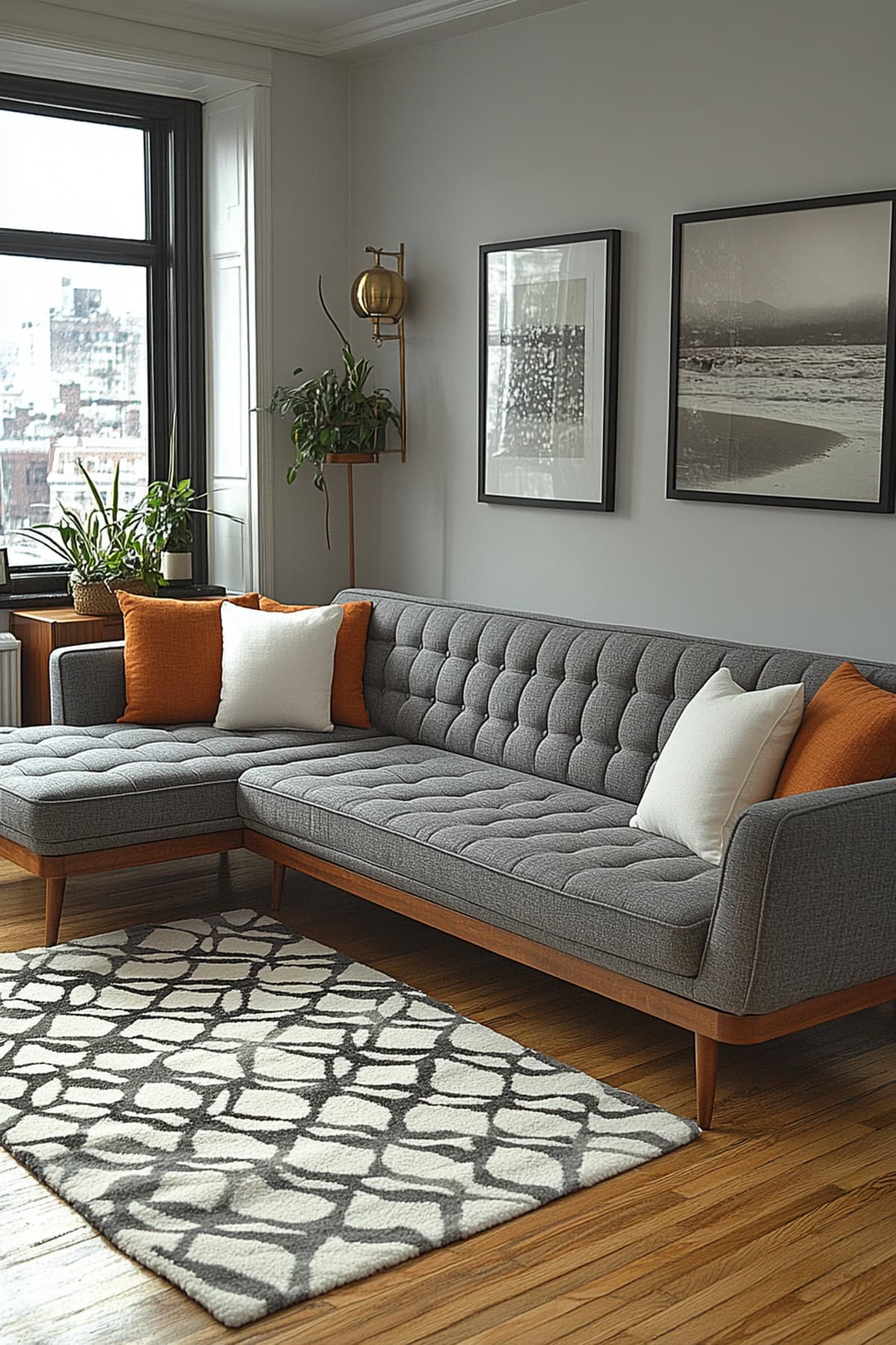 Mid-Century Modern White and Grey Apartment Living Room - 01