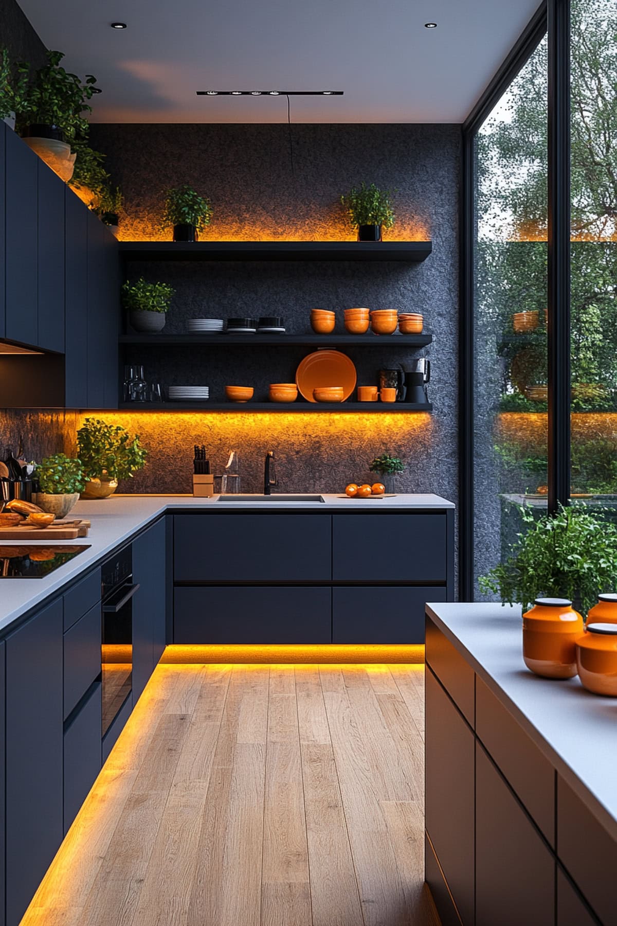 Minimalist Dark Blue Kitchen with Orange Kitchenware 01