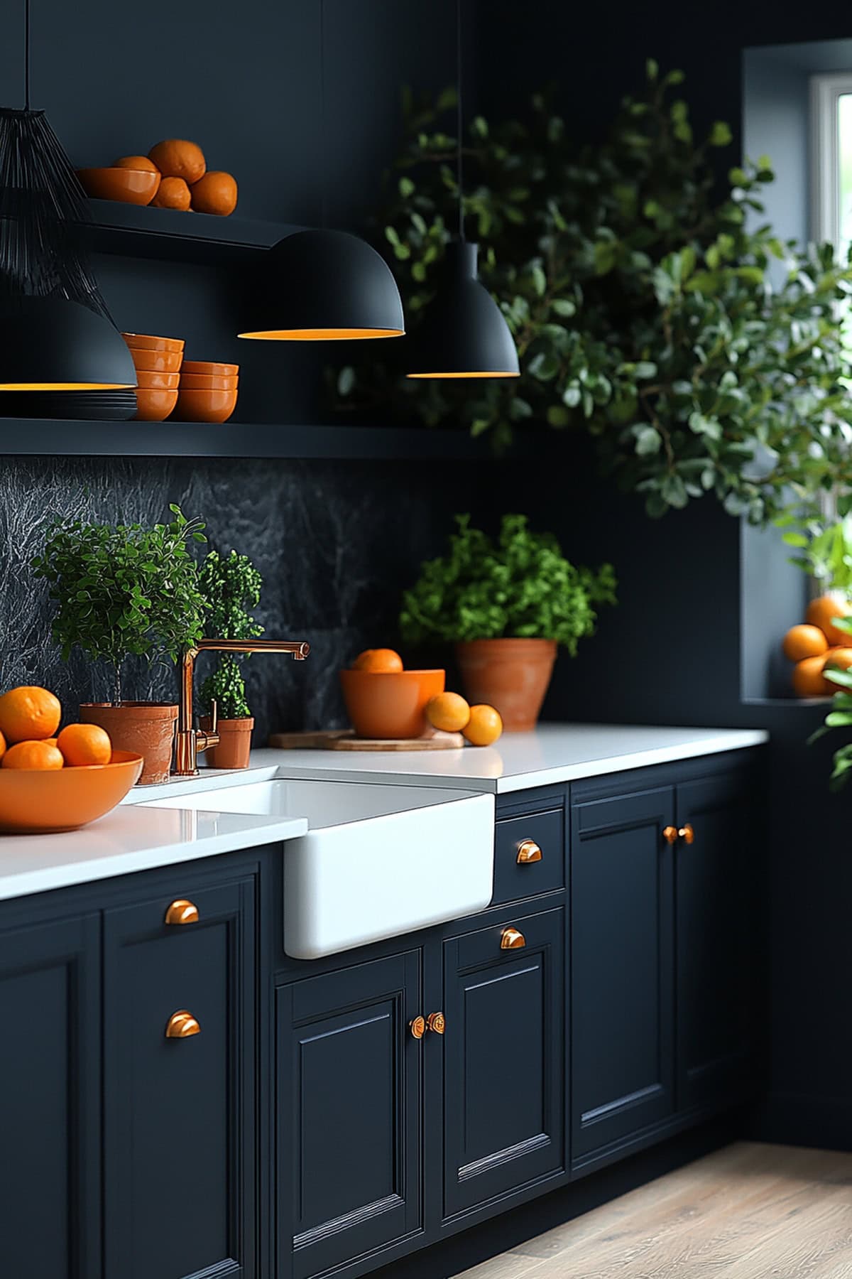 Minimalist Dark Blue Kitchen with Orange Kitchenware 02