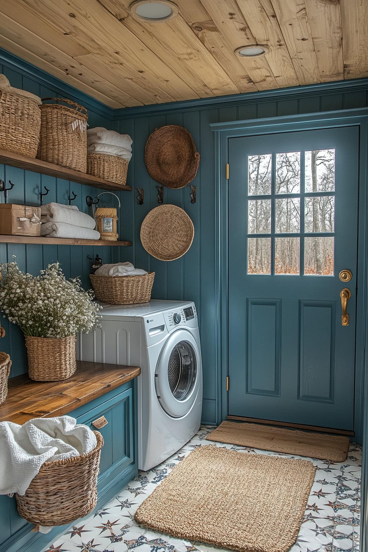 Cheerful mudroom with teal paneling and star-patterned tiles.