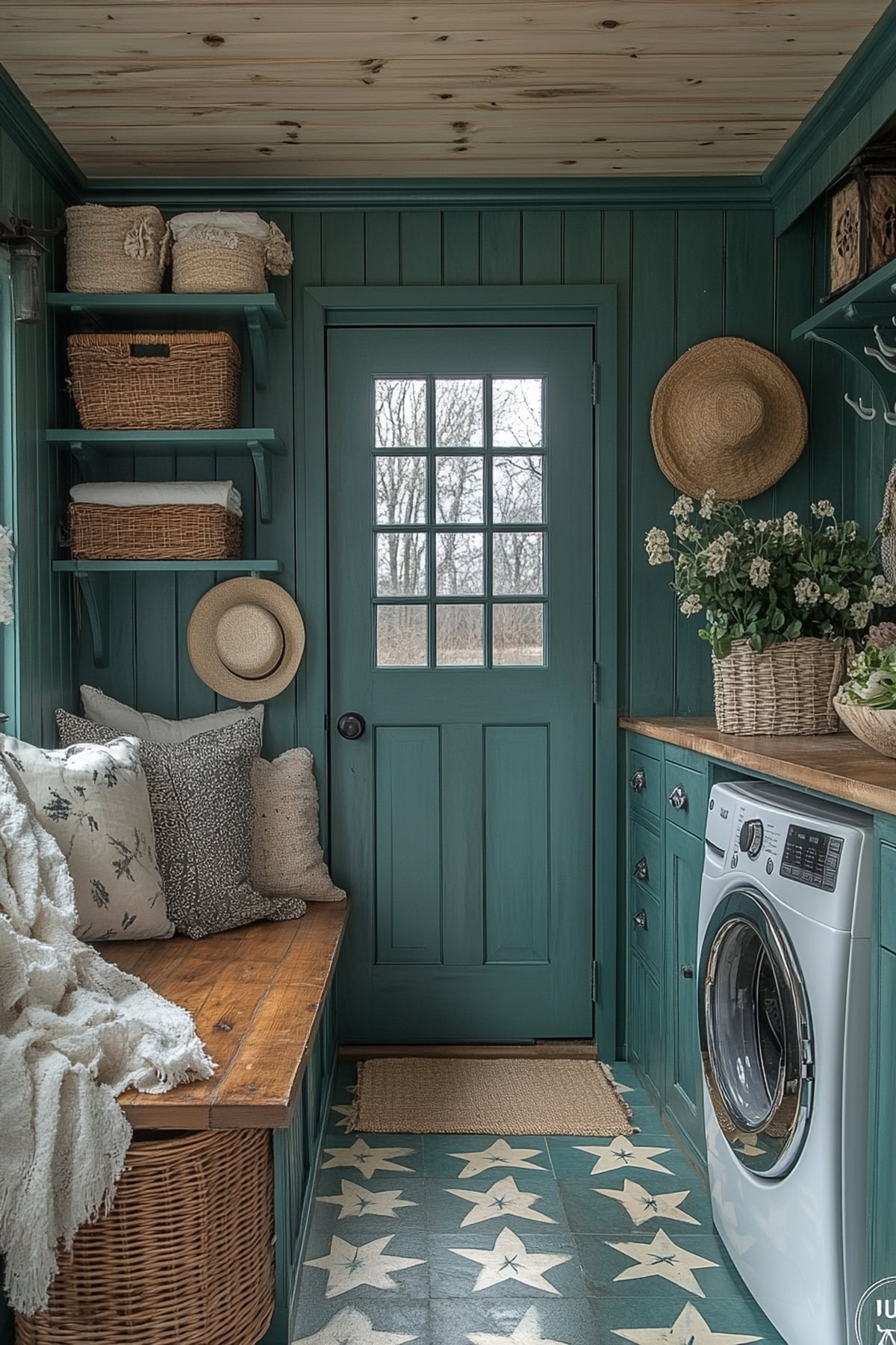 Modern country mudroom laundry room featuring natural wood accents and efficient storage.