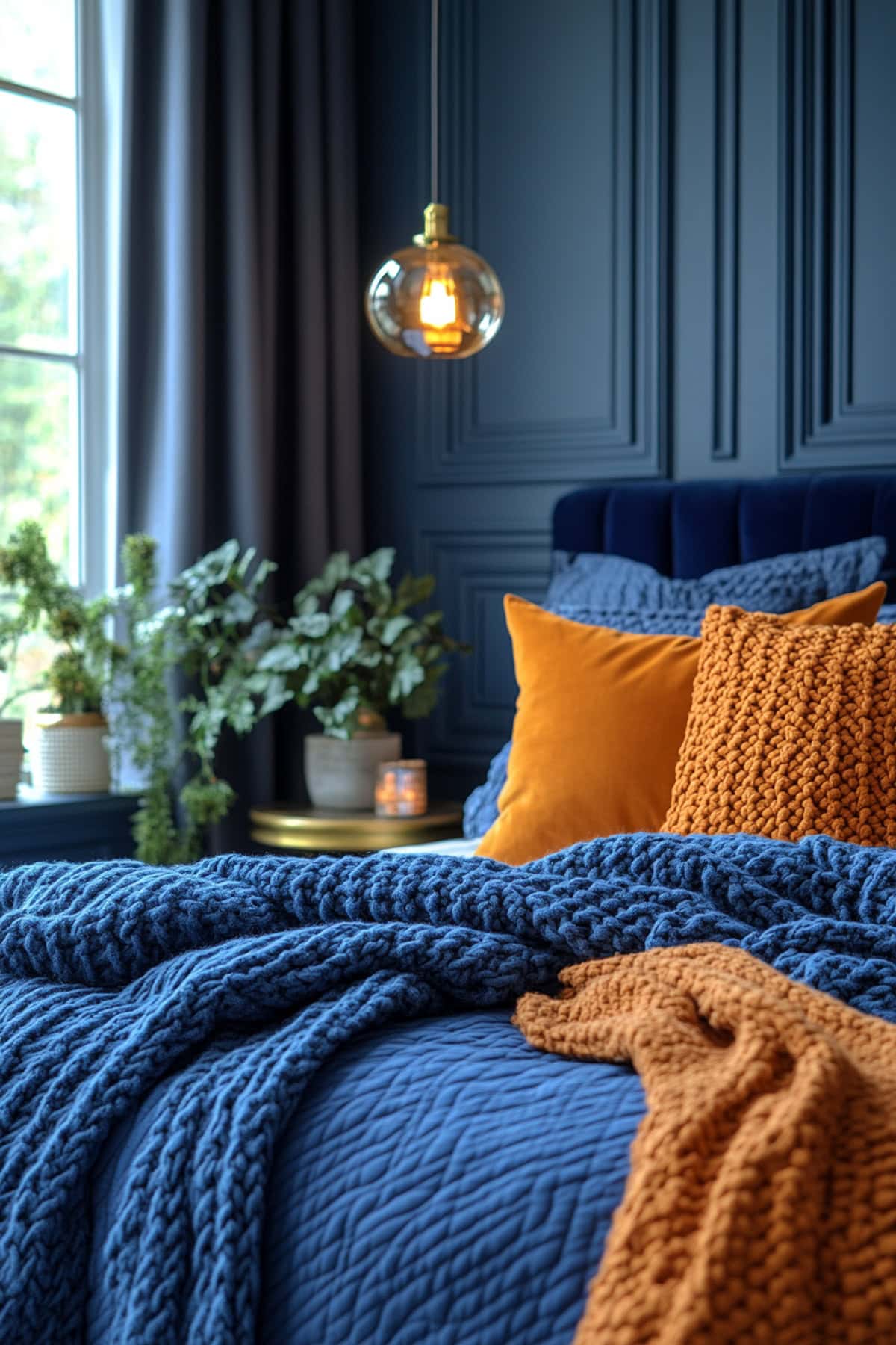 Modern Dark Blue Bedroom with Warm Orange Accents 01