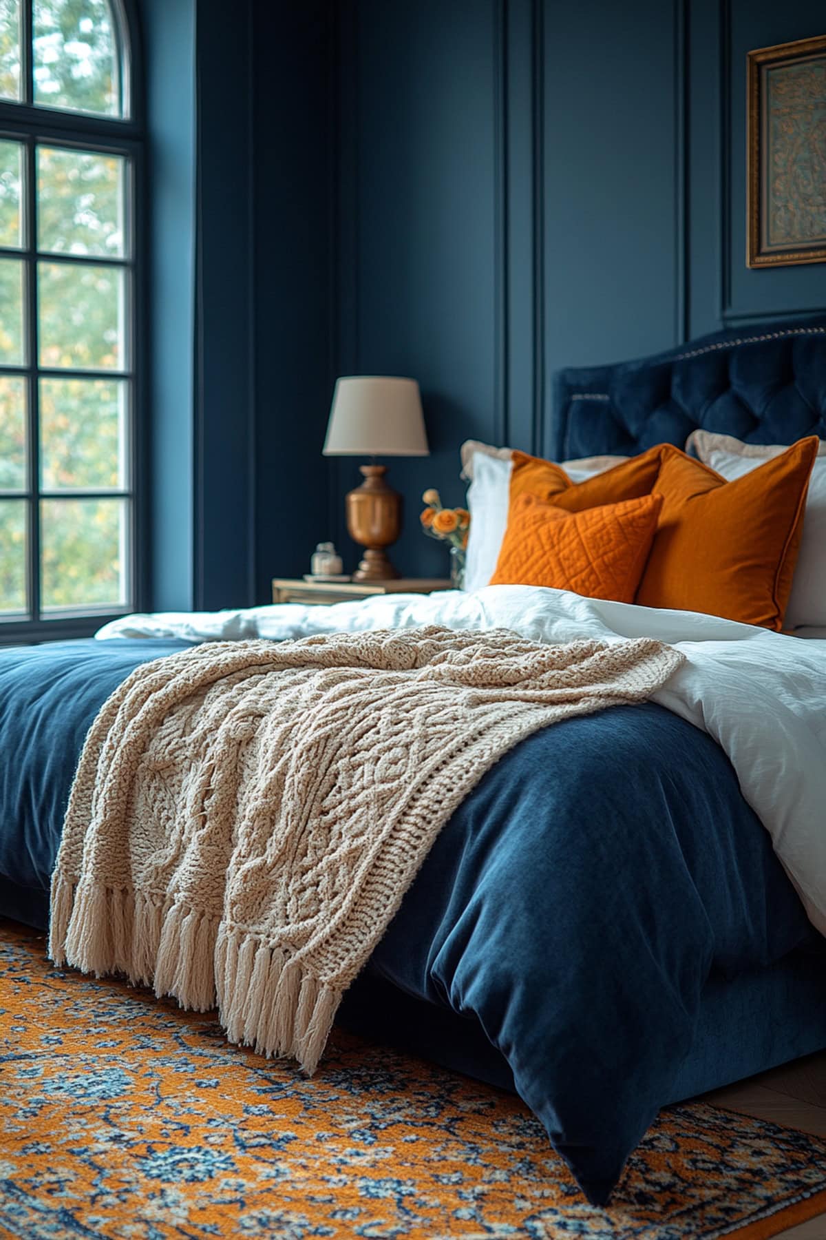 Modern Dark Blue Bedroom with Warm Orange Accents 02